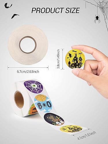 Miniatura 2 de Lorvain Rollo de calcomanías de Halloween – 1000 unidades de calcomanías para niños, adolescentes, calabaza, murciélagos, arañas, telarañas,