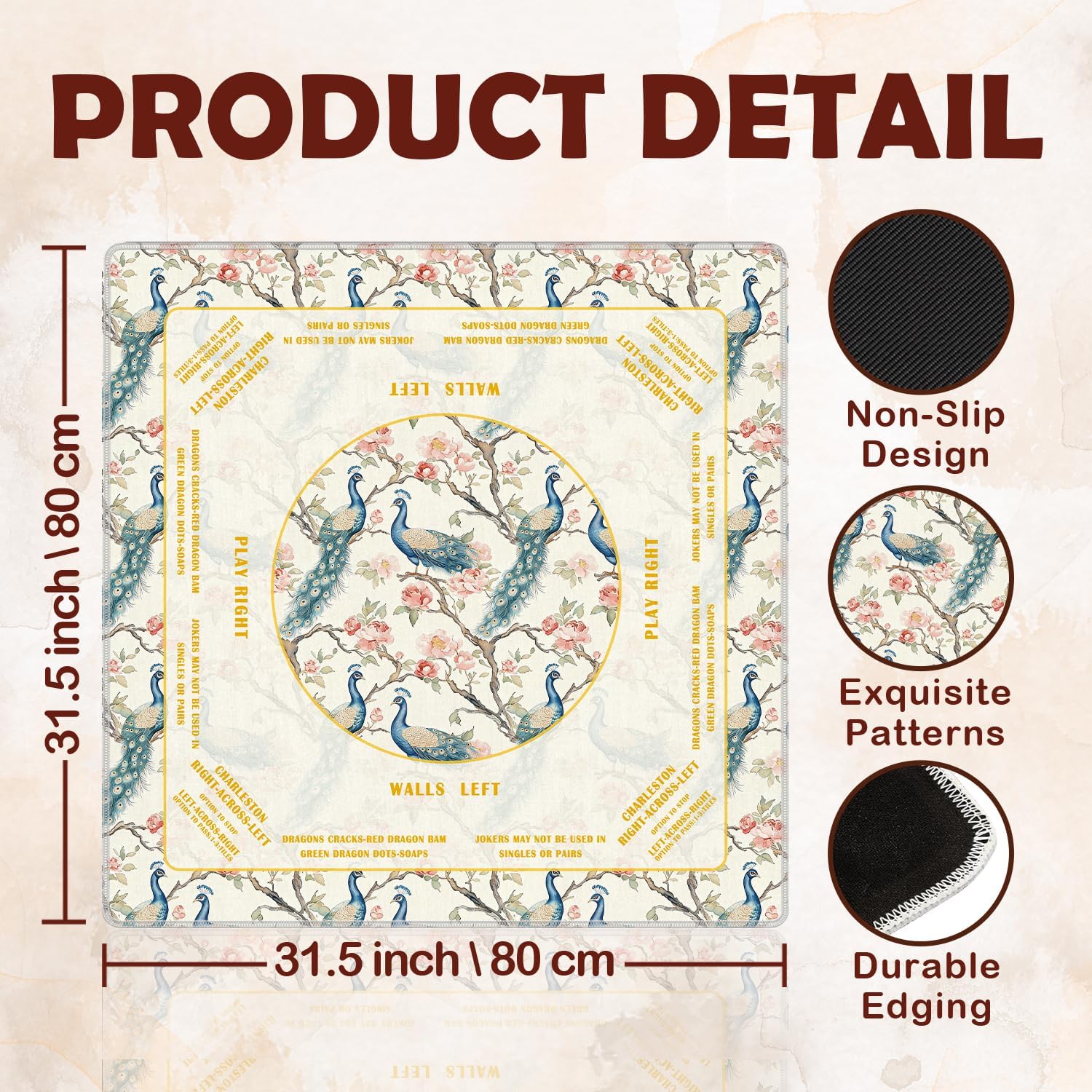 Vintage Chinoiserie Peacock Floral Mahjong Mat 31.5 x 31.5 in, Oriental Flower Bird Chinese Non-Slip Noise Reduction Gaming Mat for Table American Mahjong Poker Board Games Card Games Dominoes