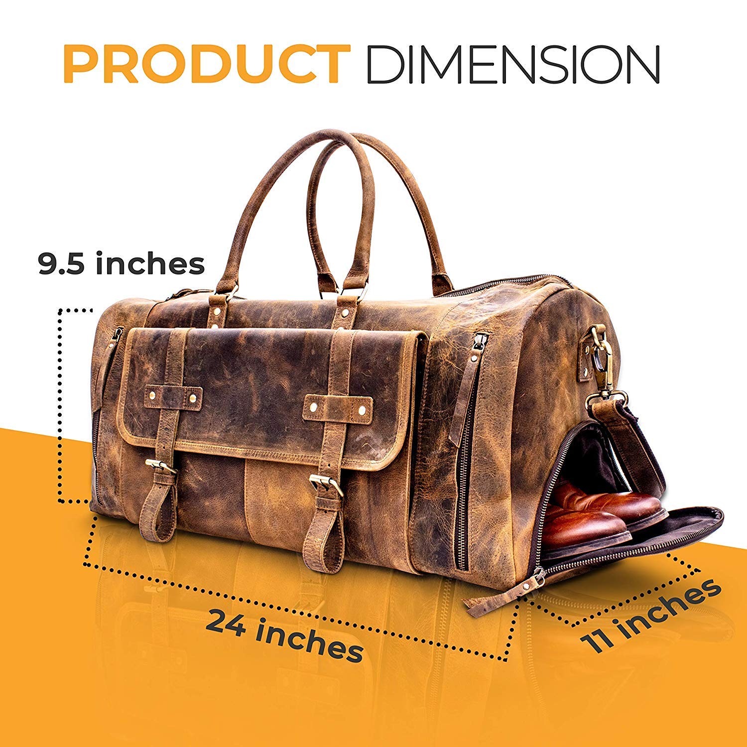 KomalC 24 Inch Leather Duffel Bags for Men and Women Full Grain Leather Travel Overnight Weekend Leather Bags Sports Gym Duffel for Men (Brown Tan with shoe pocket)