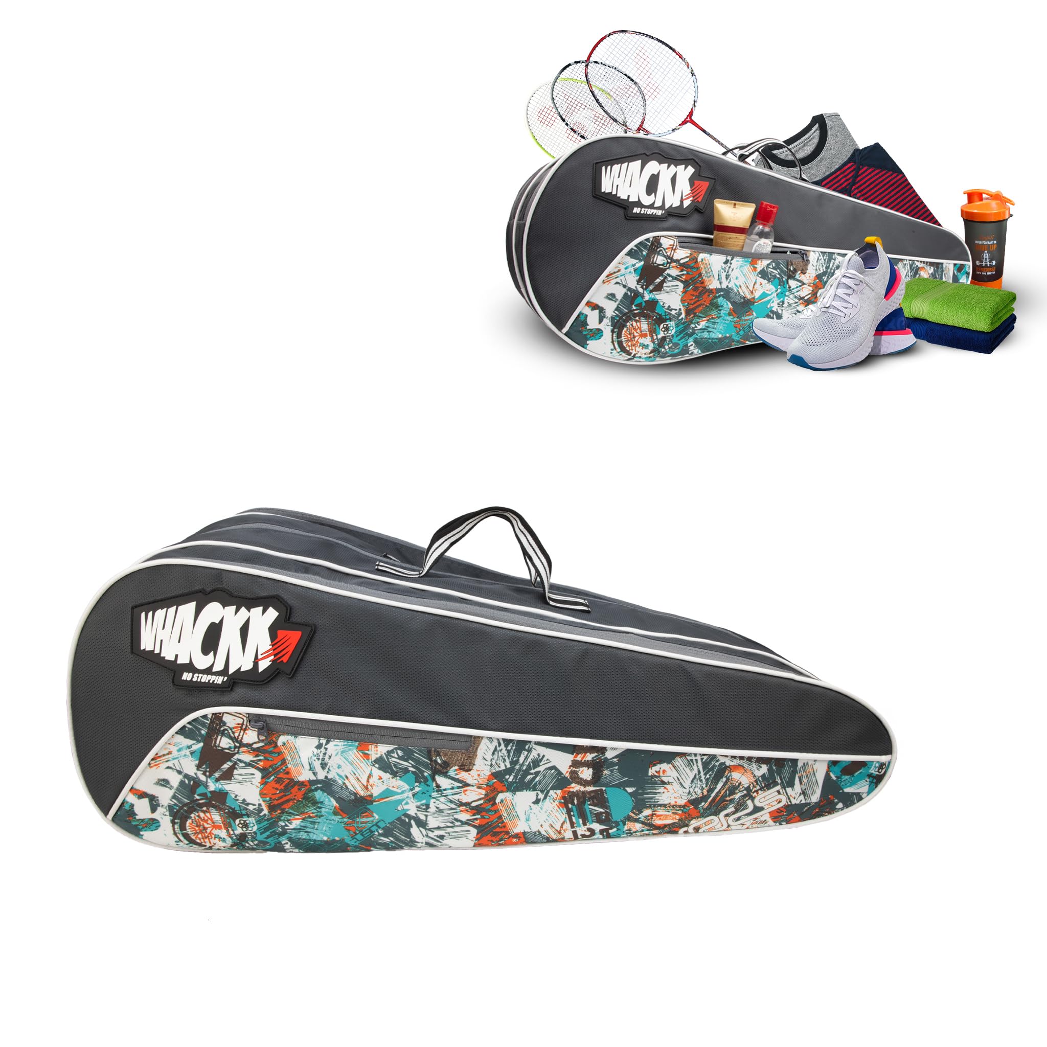 Whackk Team Grey Printed 45L Tennis Badminton Squash Equipment Cover Kit Bag 3 Big Compartments 4T 6B Racket | Backpack & Duffel