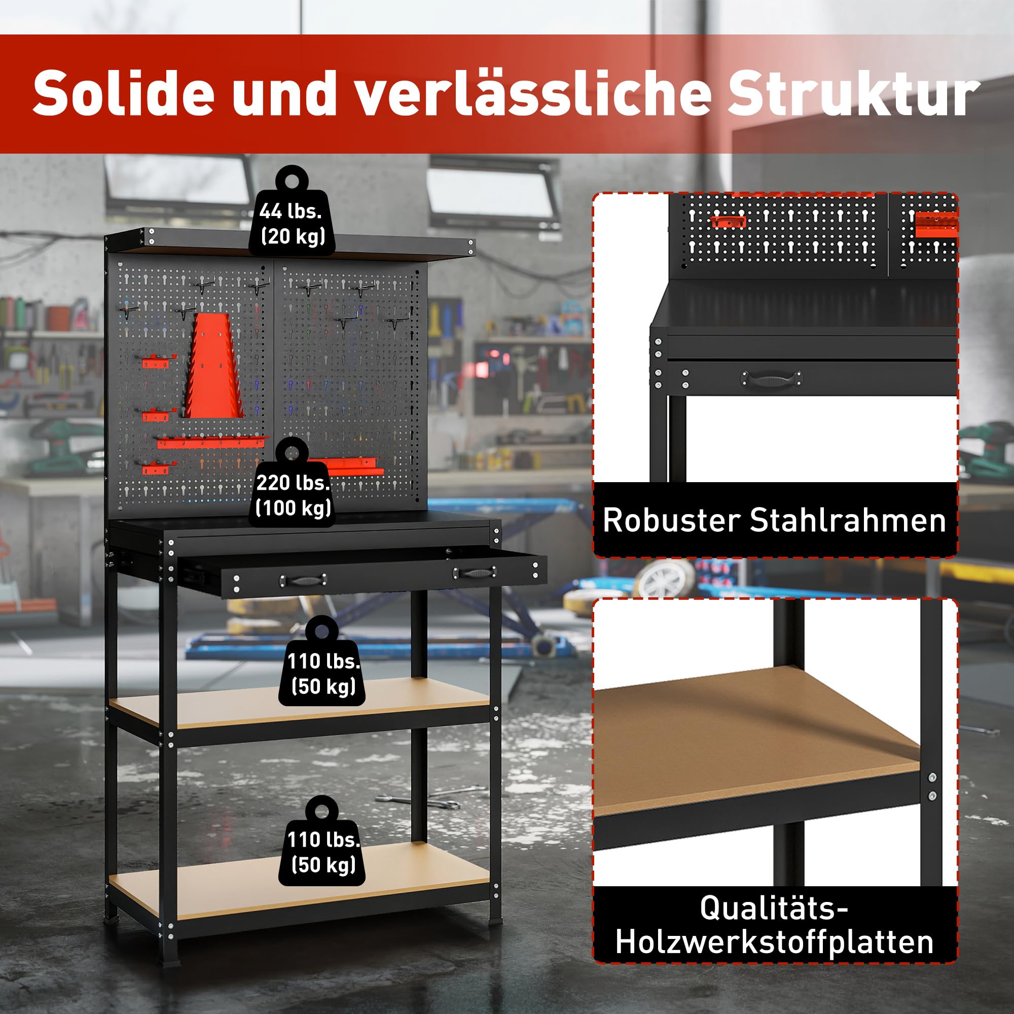 HOMCOM Werkbank 80 x 40,5 x 155 cm mit Lochwand, Haken Schublade Schwarz | Werkzeugbank, 2 Ablagen, Arbeitstisch, 240 kg Tragkraft, Werktisch aus Metall, für Werkstatt
