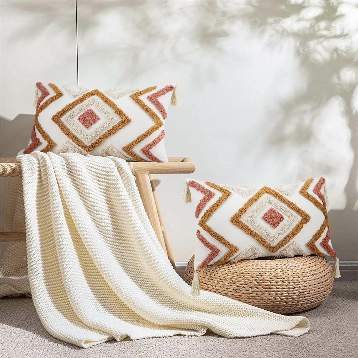 Merrycolor Boho Tufted Decorative Throw Pillow Covers (Orange and Pink, 20" x 12" (Pack of 1)) - Image 7