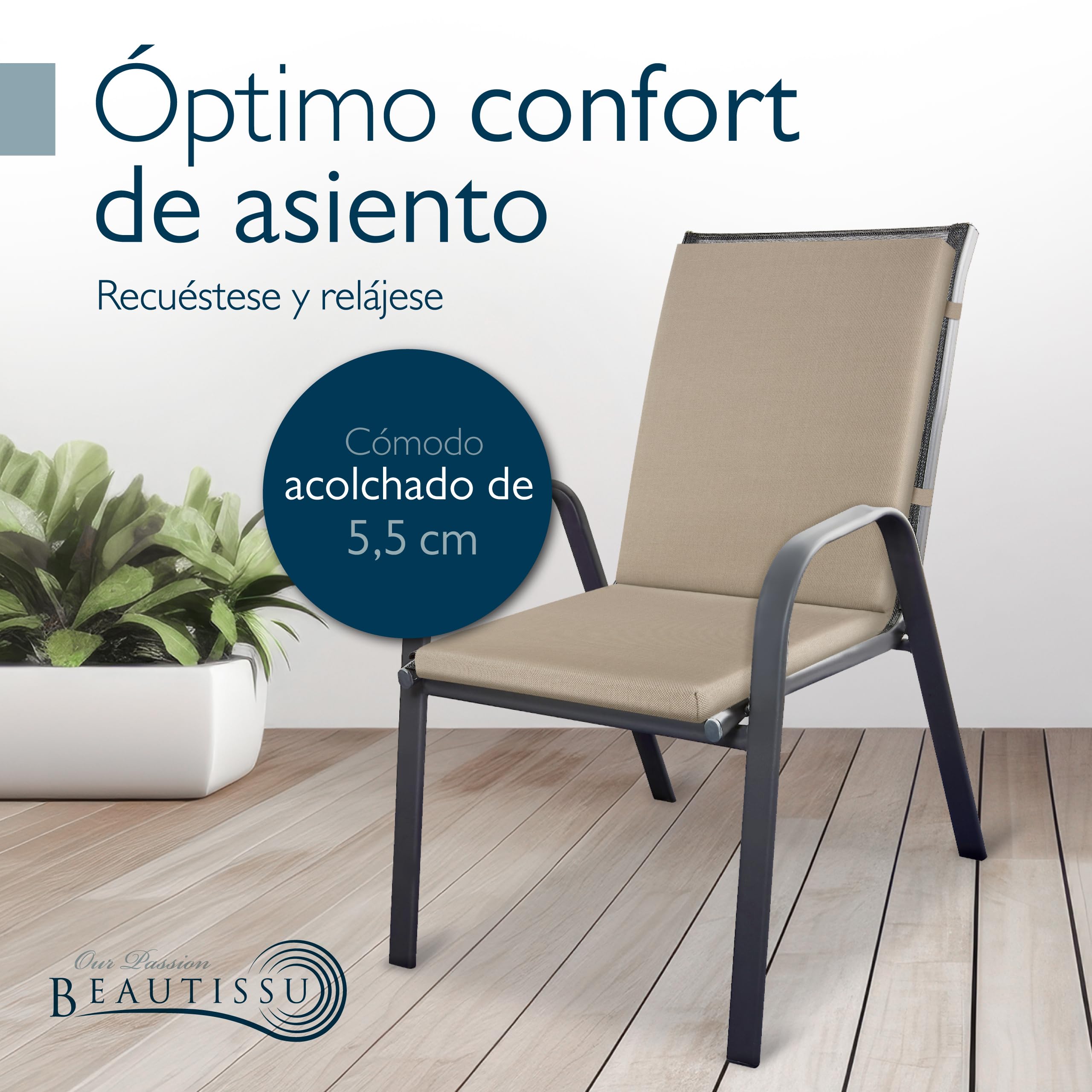 Beautissu Set de 6 Cojines Sillas Jardin con Respaldo Bajo Impermeable | 100x50cm beige 100% cómoda fácil cuidar exterior muebles acolchado secado rápido Premium Cojín Silla asiento terraza QD-NL