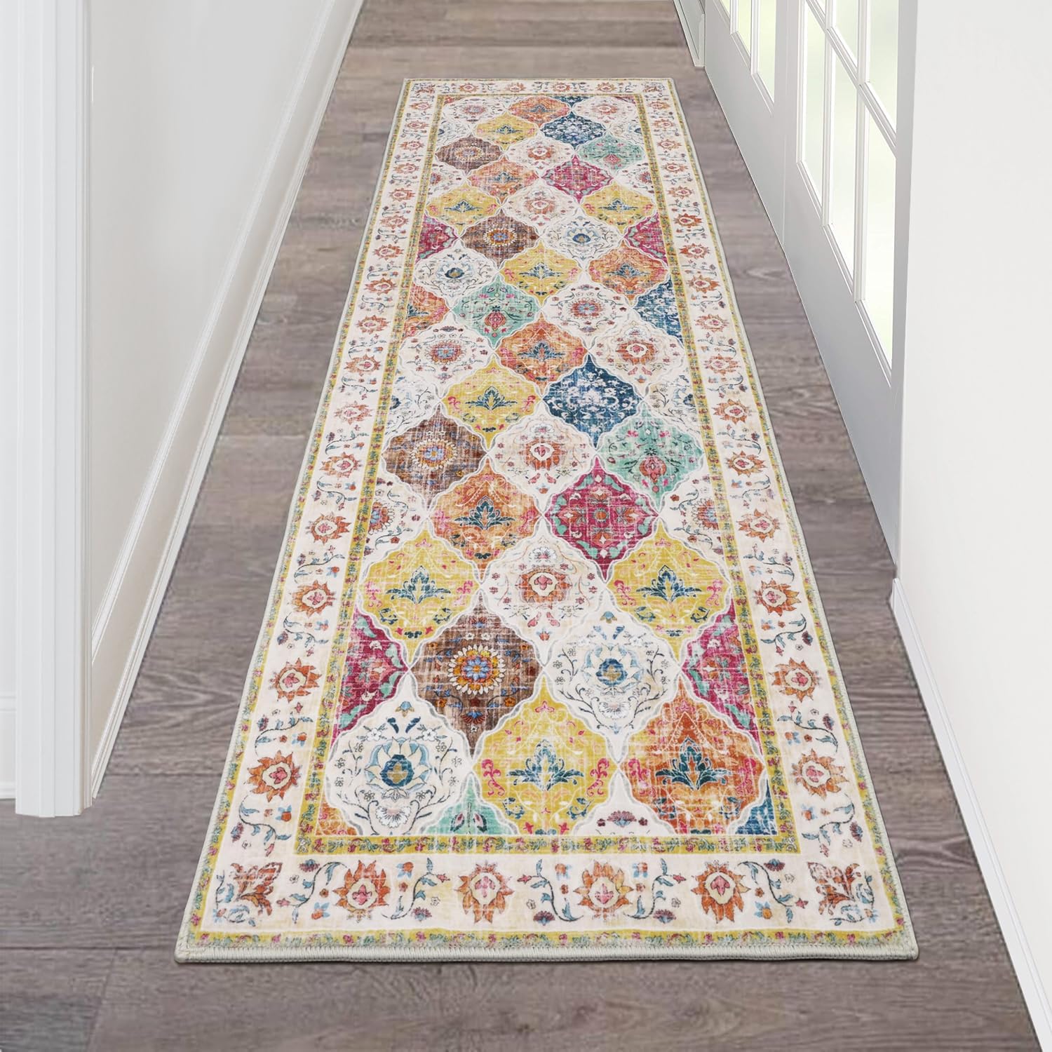 HEBE Hallway Runner Rug 2'x6' Washable Vintage Distressed Area Rugs Non Slip Laundry Rug Runner Boho Floor Carpet Runners for Hallways Entryway