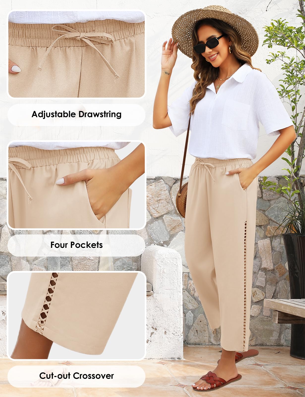 Pantalones Mujer Verano de Lino Elástico Cintura Suelta Cómodo Ligero con Bolsillos Cordón
