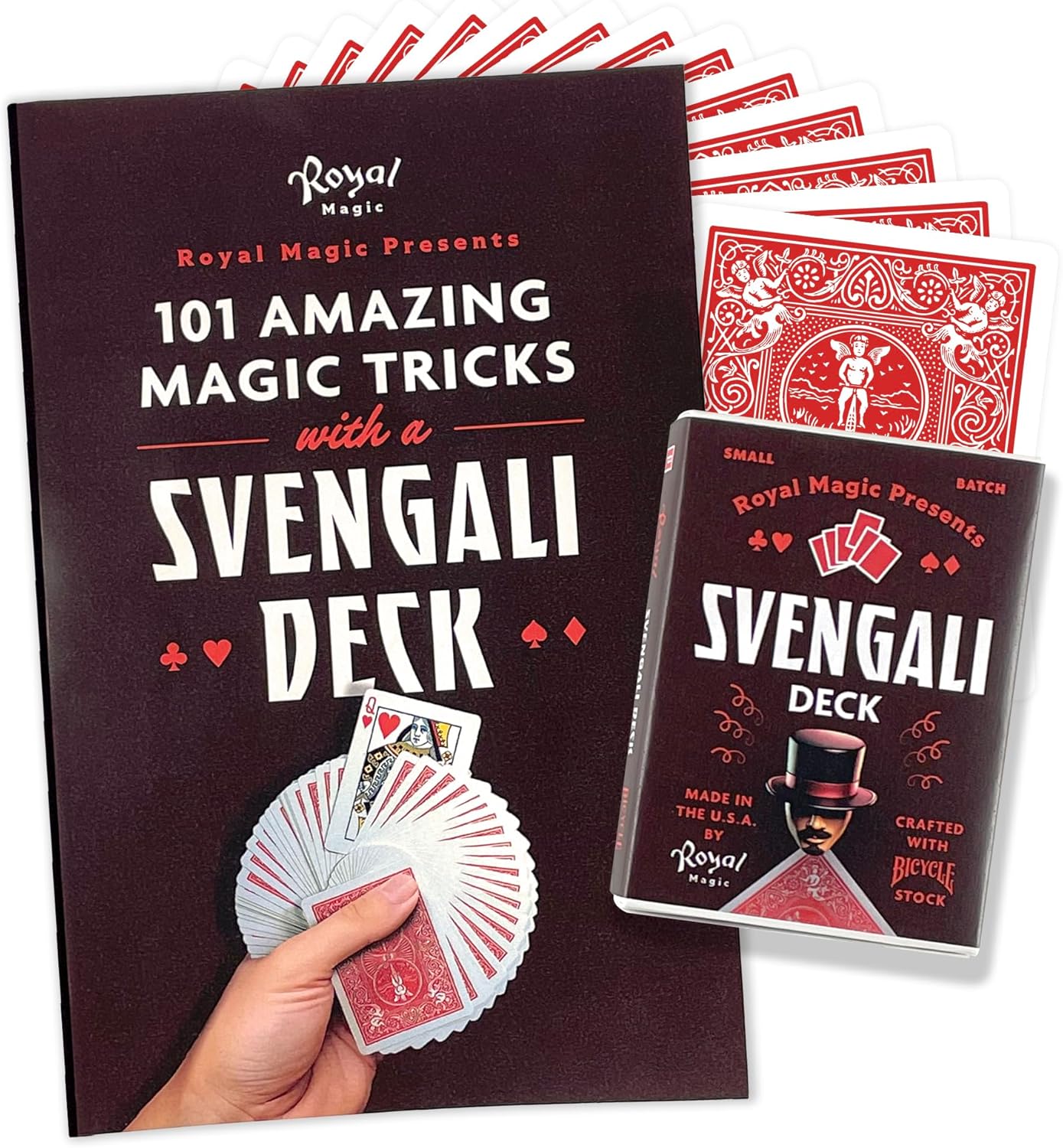 Svengali Deck of Cards & Instruction Booklet with QR Video – Authentic Bicycle Playing Cards Magic Tricks Kit, Learn 101 Classic Card Tricks for Kids, Adults, Beginners & Pros (Red)