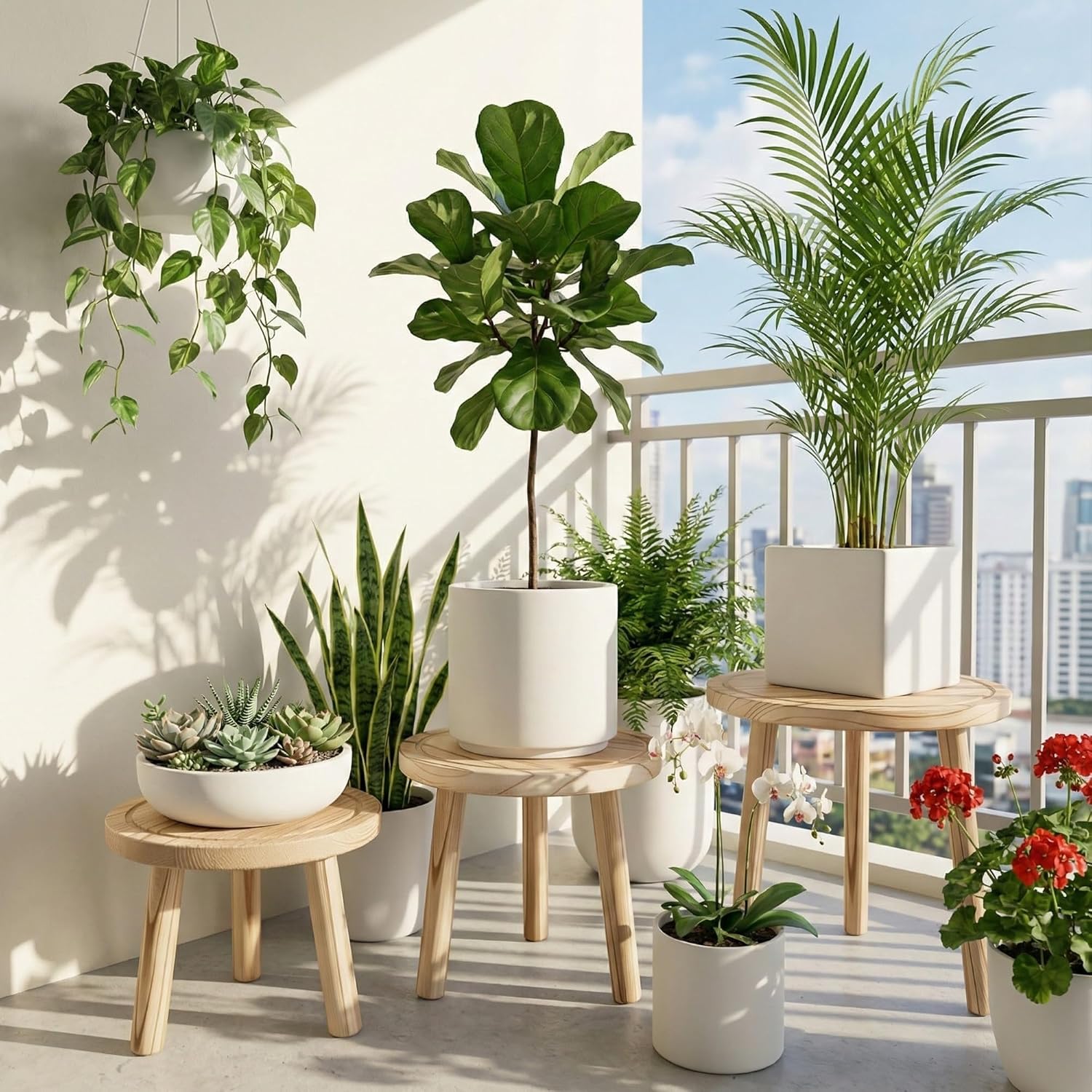 Wood Plant Stands Indoor, 3-Pack Single Plant Stand for 6-12 Inch Pots, Mid-Century Modern Plant Stool, Tall Wooden Plant Stand for Large Plants Perfect Fit for Living Room, Balcony, Office(Light Brown)