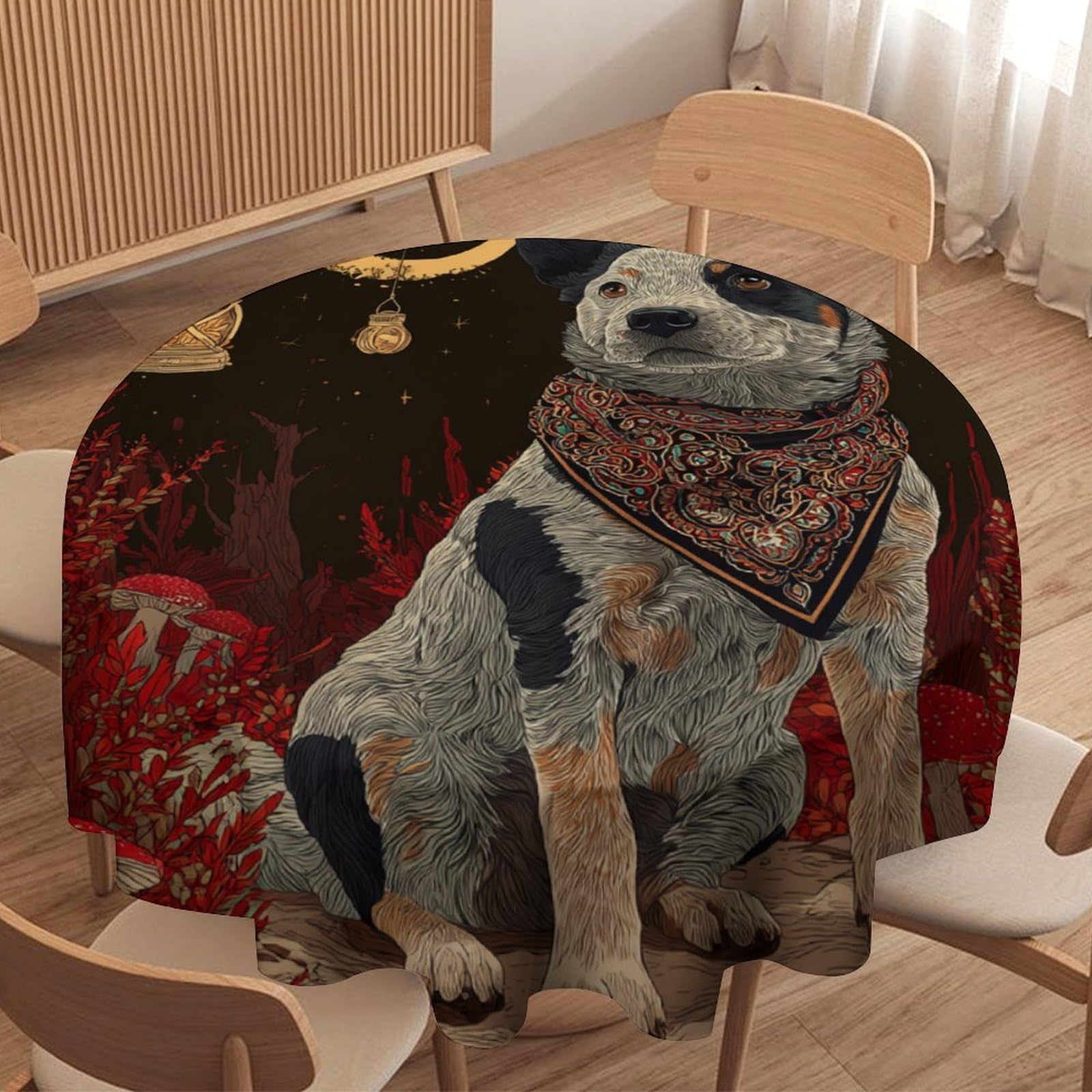 LUYYSKY Funny Abstract Cute Dogs Round Tablecloth Retro Watercolor Animals Puppies Plants Mushrooms Print Washable Decor for Table Cover for Kitchen-127 Wx127 L cm