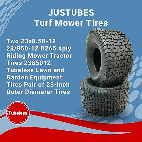 Paquete de dos neumáticos de tractor de cortacésped y jardín sin cámara de 23 x 8.50-12 23/850-12 D265 de 4 capas 2385012 con diámetro exterior