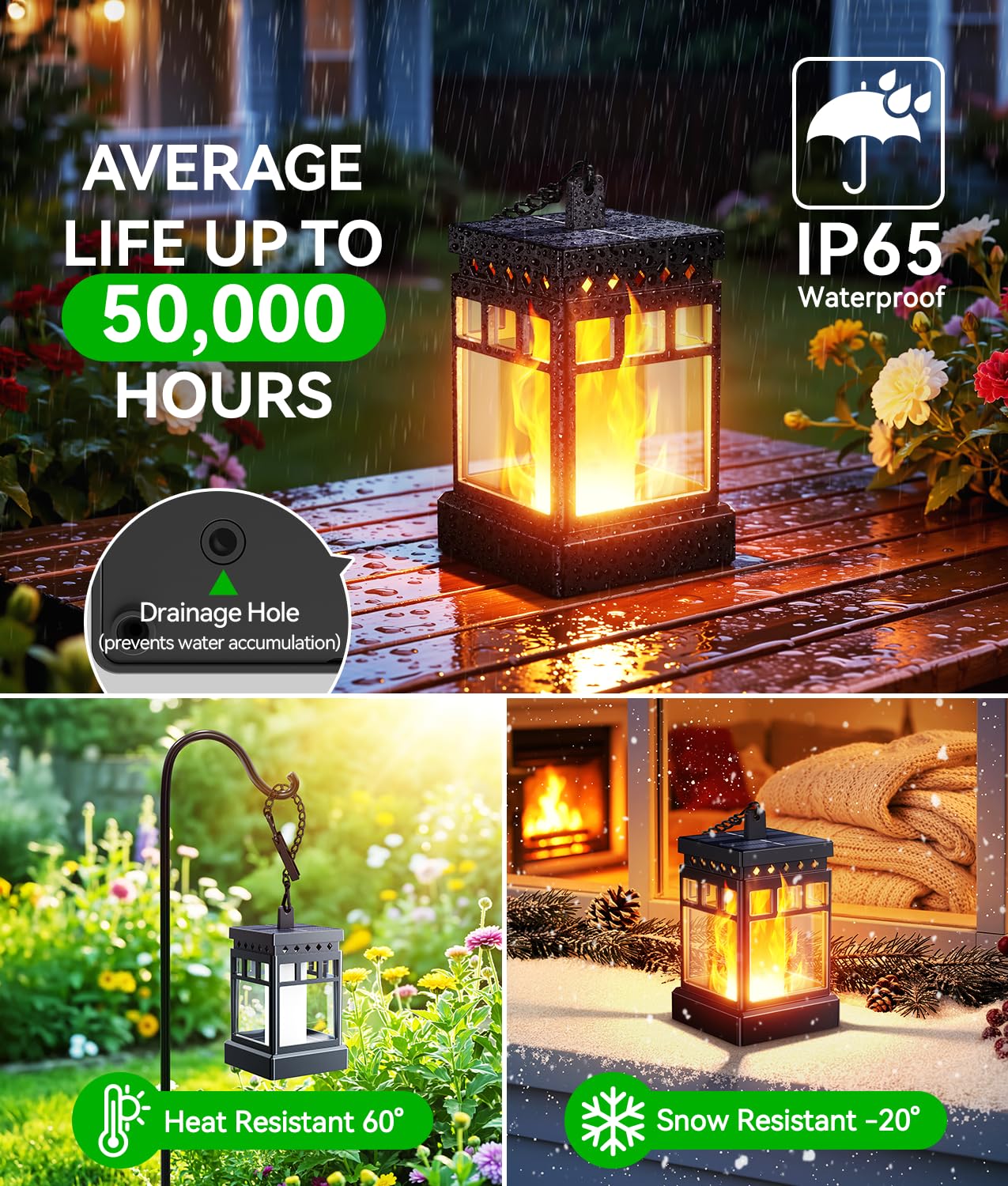KOOPER Faroles solares colgantes para exteriores, impermeables, 4 luces solares colgantes de llama parpadeante para exteriores, linternas solares para exteriores de hasta 12 horas, linternas