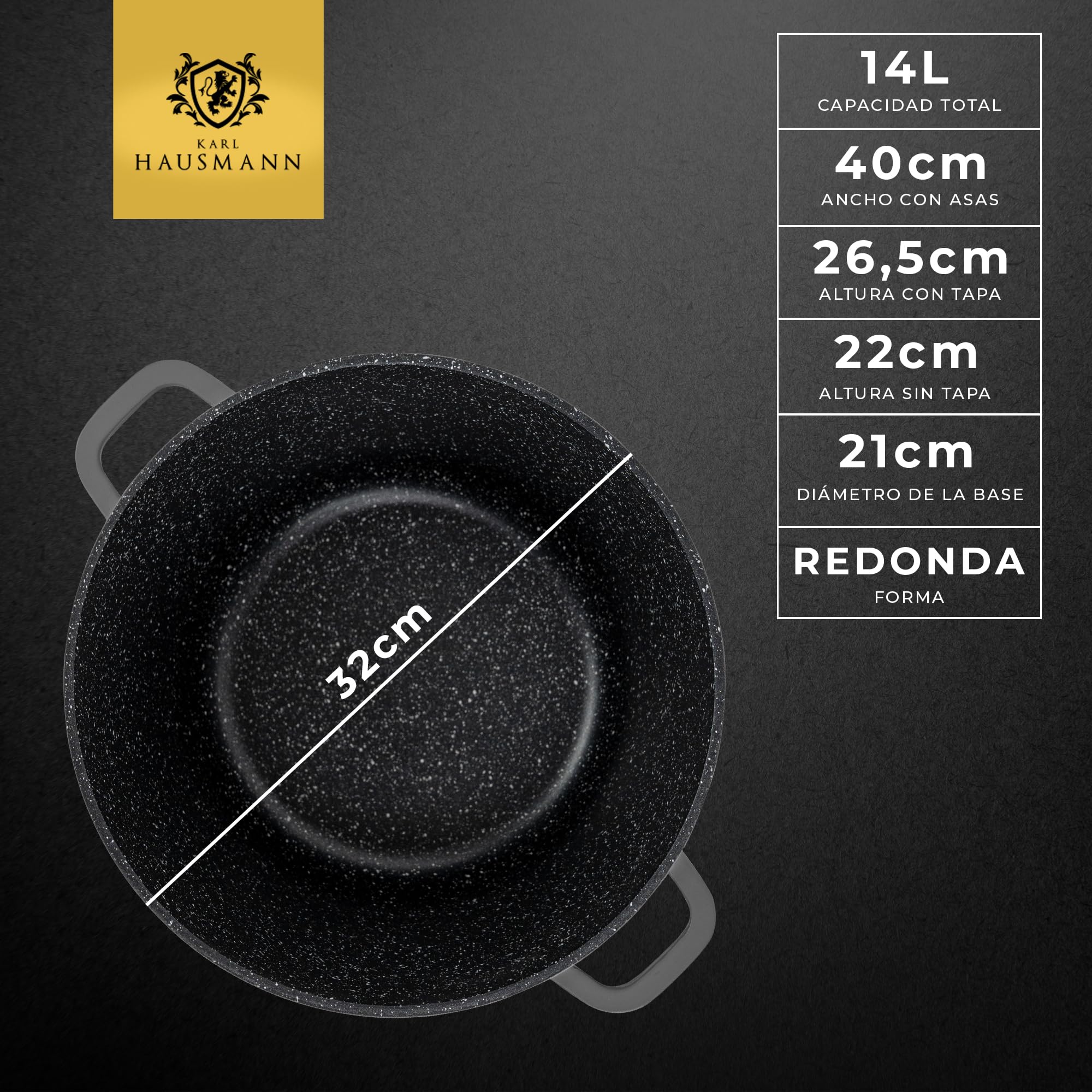 KARL HAUSMANN Olla 32 cm 14L con Tapa - Olla Inducción Antiadherente COOKMARK MARBLE, Cacerola Grande de Aluminio Fundido para Sopas, Caldos y Grandes Cantidades, Horno, Gas, Vitrocerámica