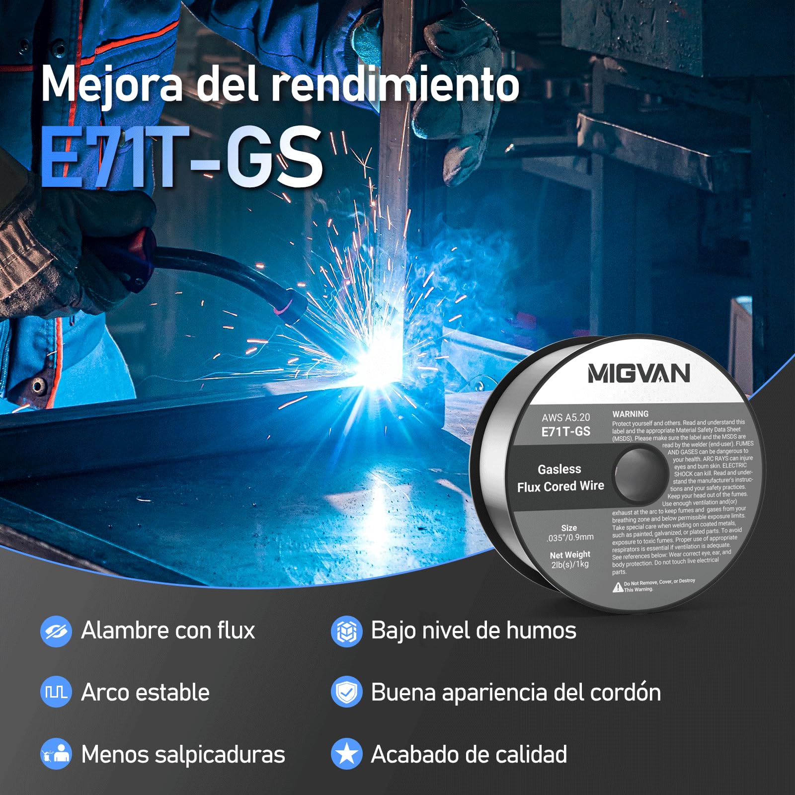 Alambre de Soldadura 0,9mm E71T-GS, Hilo tubular sin gas MIG para acero dulce, Bobina 1kg × 2, Flux Core Welding Wire para soldadoras MIG