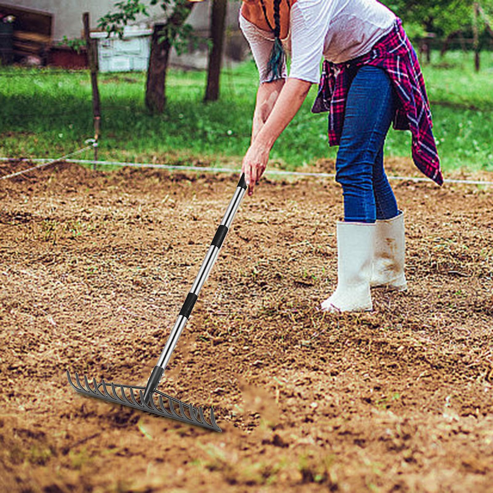 Rastrillo de Jardín para Hojas con Mango Ajustable, de Acero Inoxidable, para Césped Y Jardín.