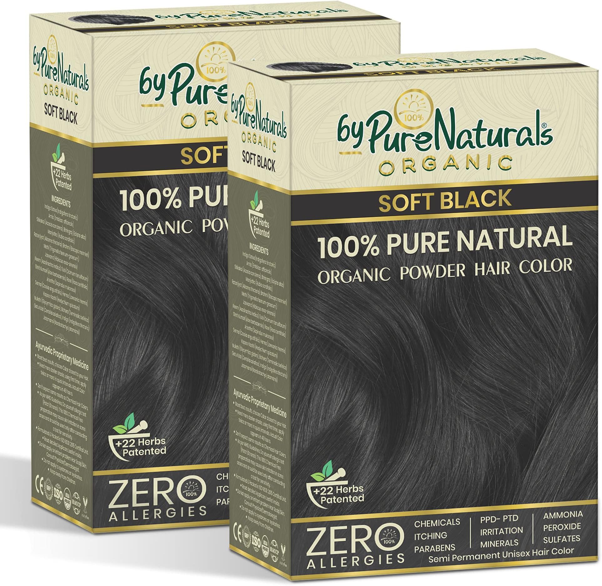 byPureNaturals 100% Organic Hair Colour Powder 2N Soft Black 120gm- Pack of 2 | Safest Beard Colour for Men | Natural Hair Colour for Women & Men