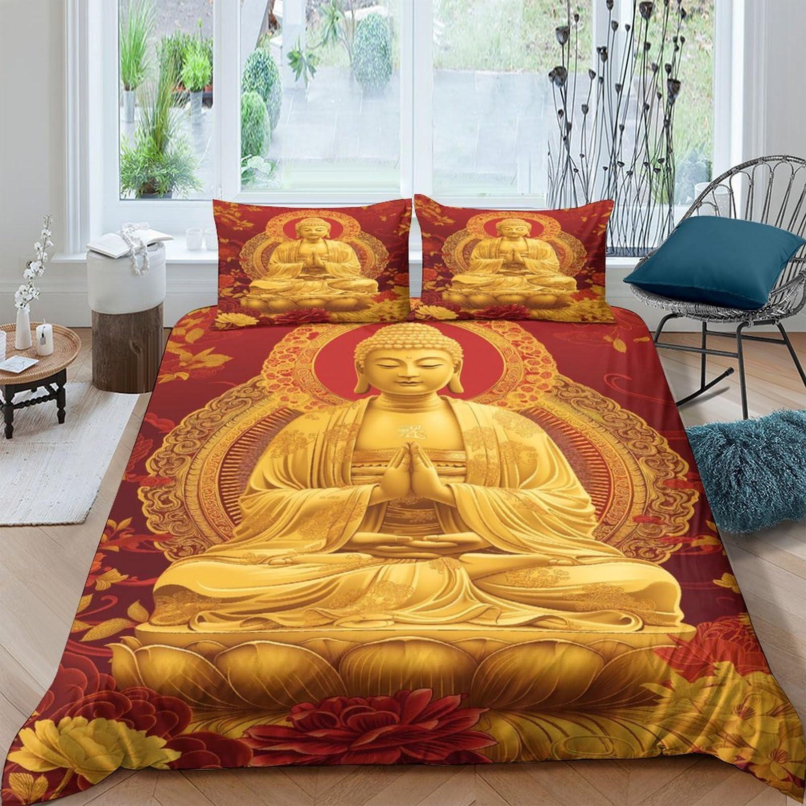 Ctjqhvkz Style-2 3D Printed Golden Buddha Fitted Sheet Microfiber Anti-Slip Red Mandala Bed Cover For Bedroom Dorm Mattress Protection Decor Single（135X200cm）