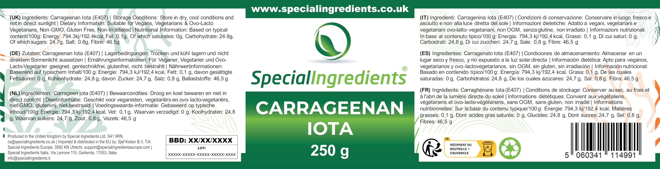 Special ingredients Carraghénane Iota en poudre 250g - Gélifiant pour cuisine moléculaire, gels souples et élastiques, convient aux véganes, sans gluten et sans OGM - Qualité supérieure