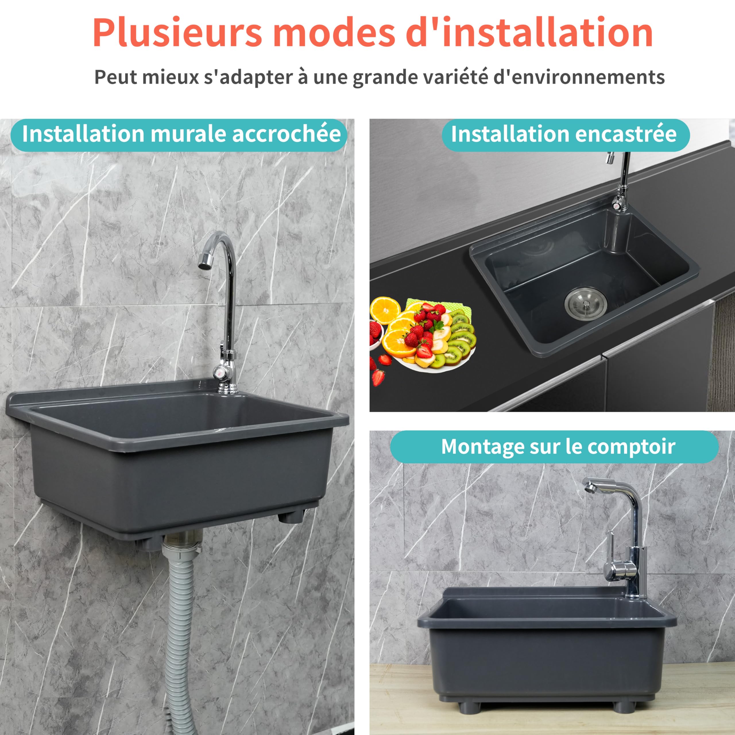 Évier de cuisine utilitaire à cuve unique de 42 x 32 cm avec trou de robinet de 3,2 cm, évier en plastique pour la maison, le restaurant, le dortoir, le garage, la salle de bain, la buanderie (gris