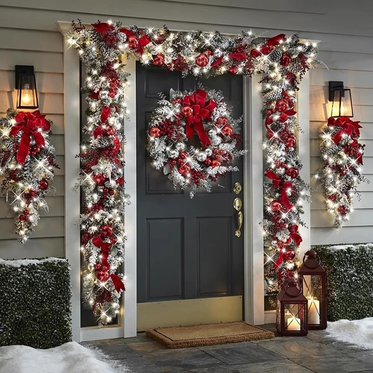 EKsma Christmas Decor, Christmas Door Swag Set with Christmas Wreaths and Christmas Teardrop Swag, Christmas Swag for Front Door Christmas Red Berry Pine Cone Garland(Small)