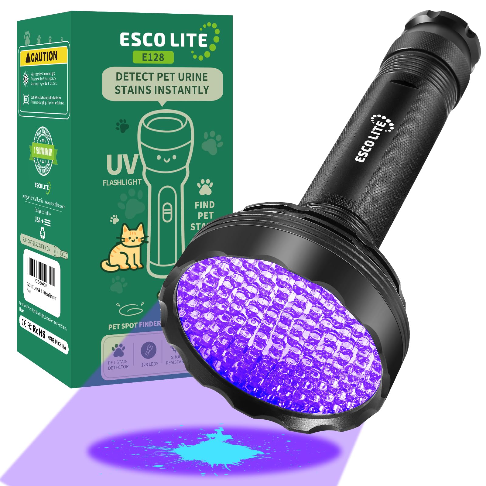 ESCO LITE UV Black Light for Pet Urine Detection 128LED for Cat and Dog Urine Stains Carpet Furniture Floor and Home Cleaning : Pet Supplies