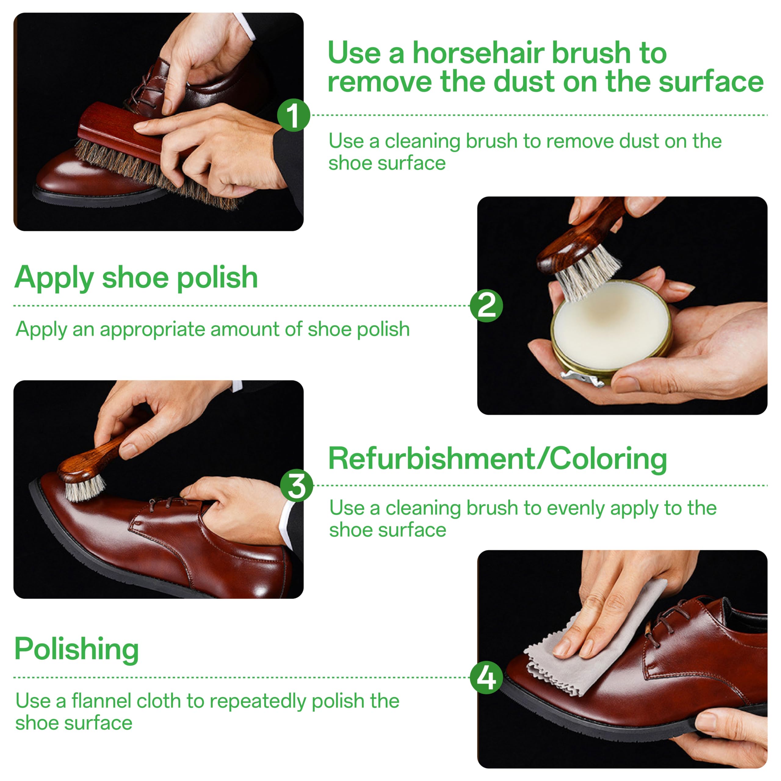 Premium Schuhpflegeset mit mittelgroßer Rosshaarbürste, runder Bürste, schwarz-weißer Schuhcreme, Poliertuch, Schuhlöffel und eleganter Aufbewahrungsbox – sehr geeignet für Reisende zu Hause