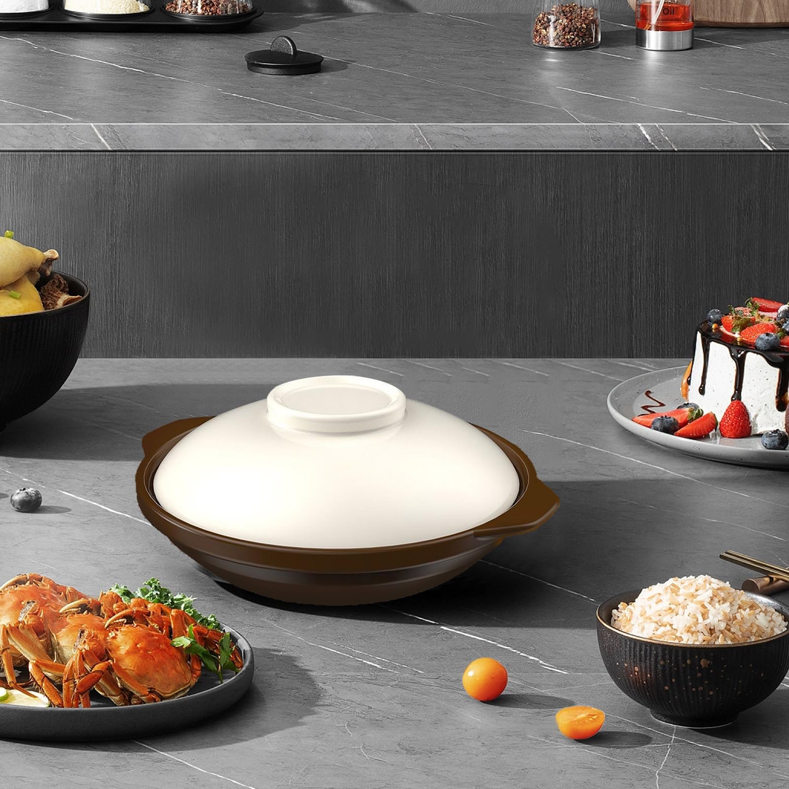 Pentola in Argilla da 1,4 Quart per Cucinare Riso e Zuppe con Distribuzione Uniforme del Calore e Facile da Pulire, Elegante e Decorativa per Ricette Asiatiche