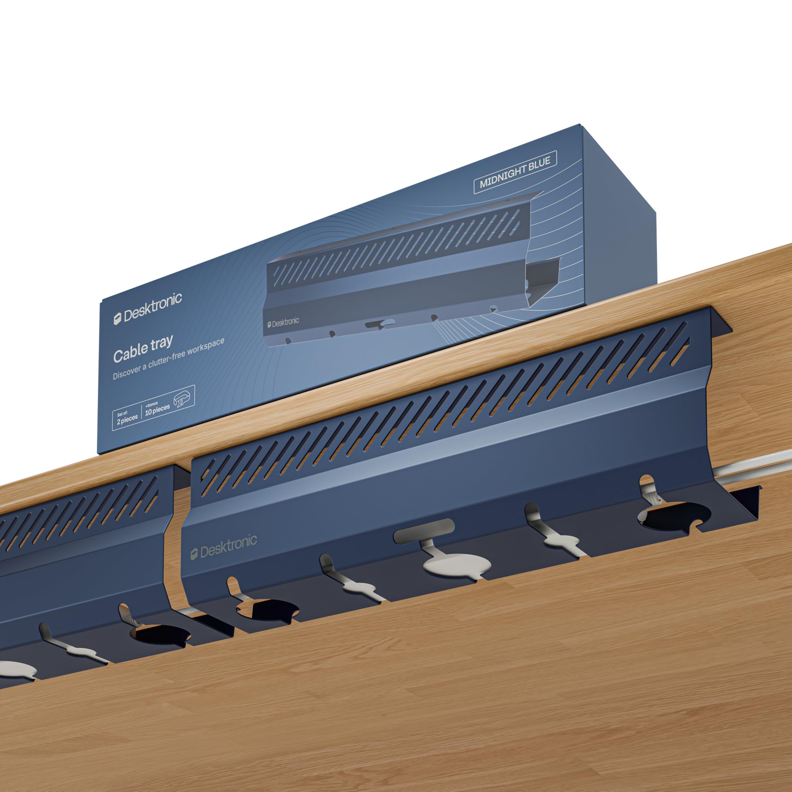 Desktronic Cable Duct Desk Blue Set of 2 - Stainless Steel Cable Management Desk Cable Duct with 5 Cable Cut-Outs - Easy to Install Cable Organiser - Cable Holder