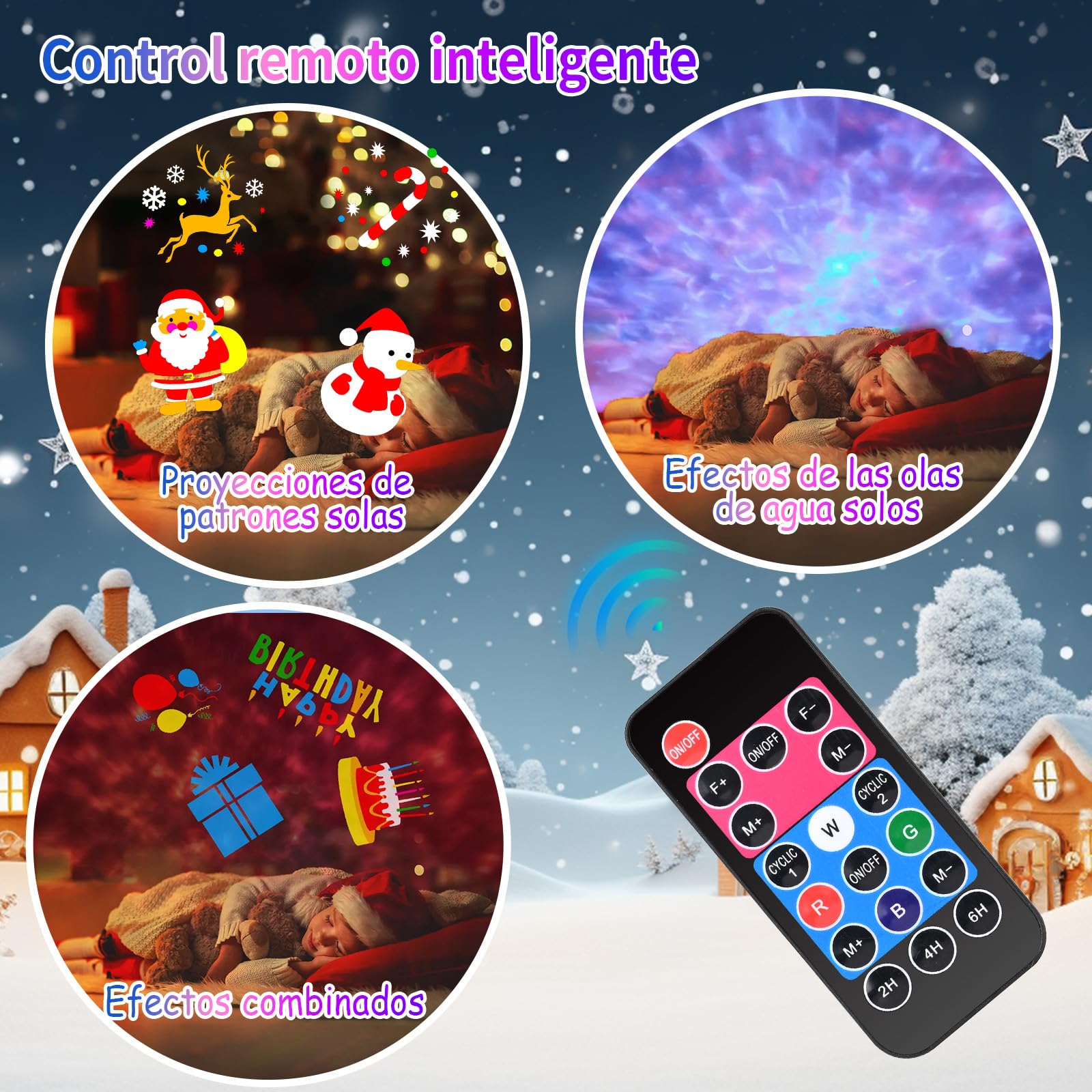 Proyector Navidad Exterior y Interior, Decoración Proyector Luces Navidad Exterior Fachada con Control Remoto, 16 Diapositivas de Patrones y 10 Efectos de Olas, Impermeable