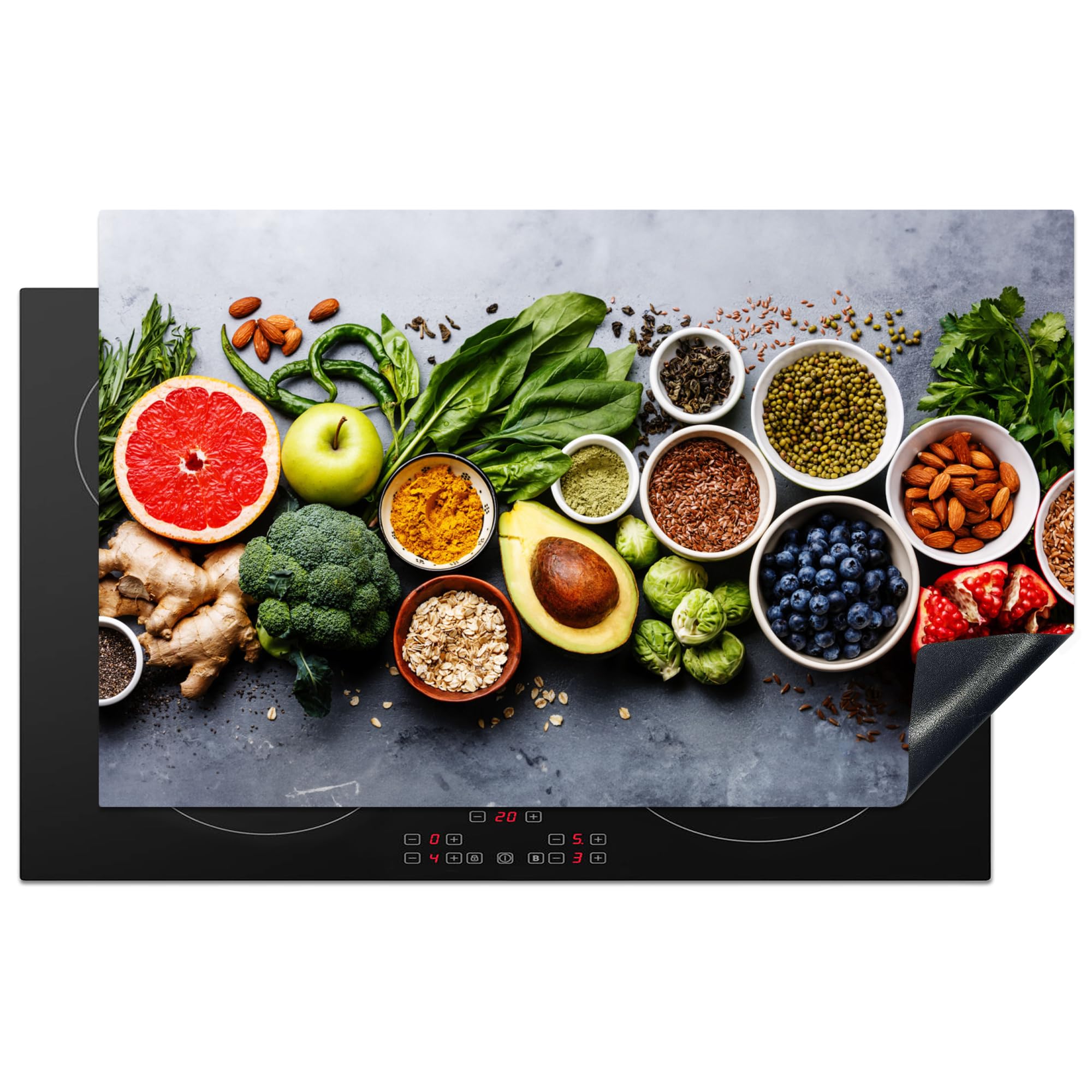 KitchenYeah© Induction Hob Protector Mat 20.5"x33.5" / 85x52 cm Cooker Top Protectors Cover Ceramic Covers Electric Hobs Vinyl Fruit - Concrete - Vegetables