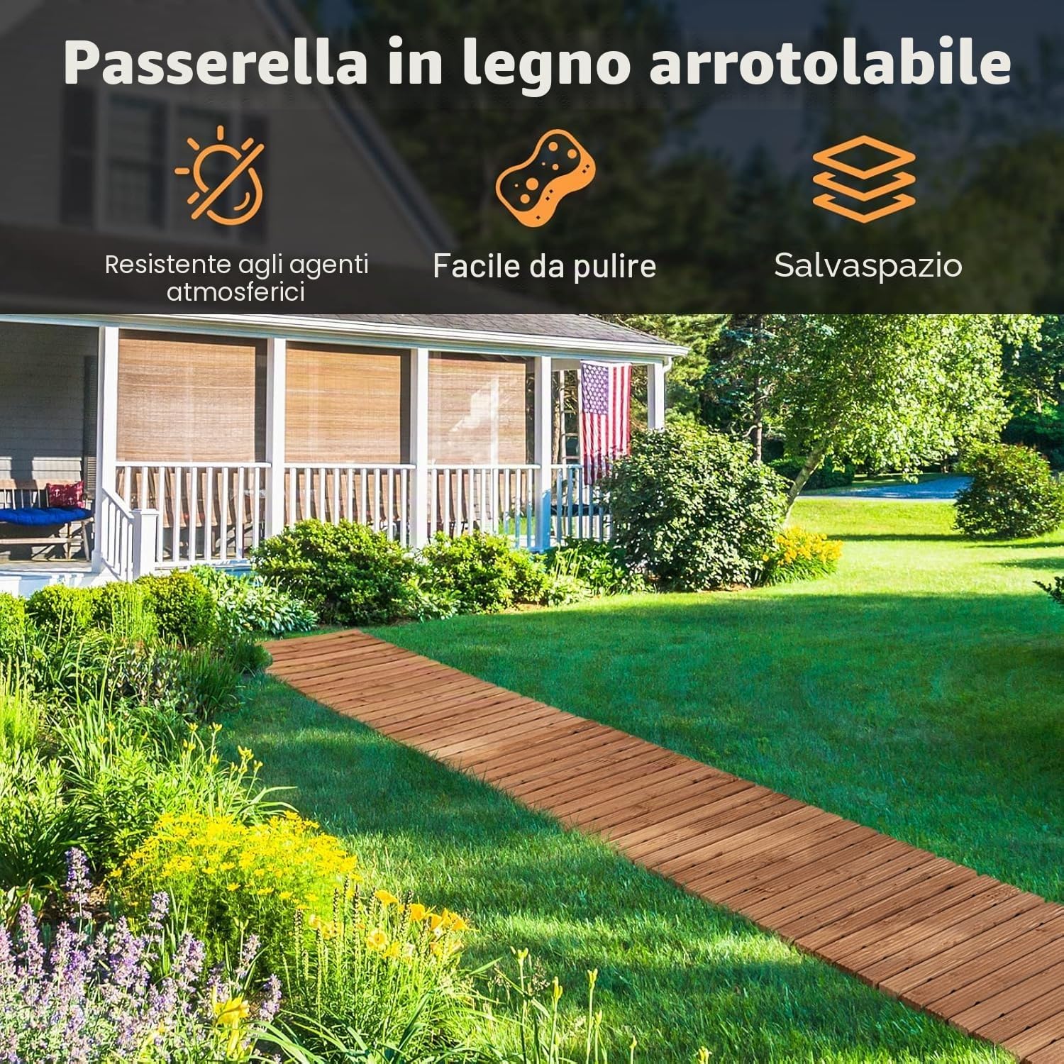 FANTASK Sentiero in legno da giardino arrotolabile, 245 cm e larghezza 55 cm e pista con filo di acciaio, marrone chiaro