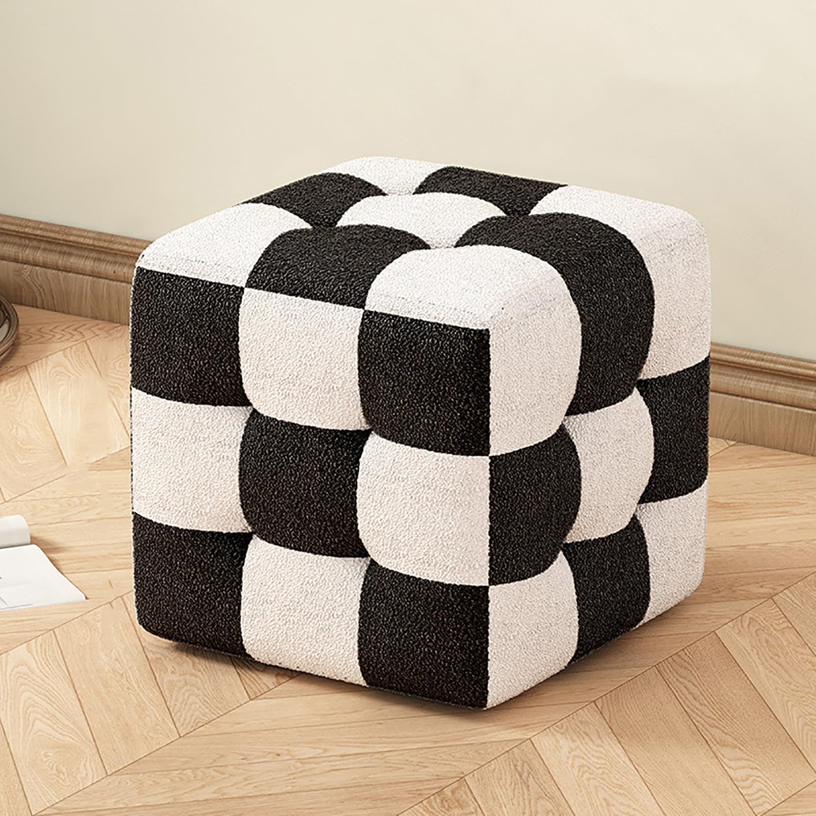MSHGSKU Modern Velvet Pouf Cube Multi functional Checkered Ottoman Shoe Bench Upholstered Footrest for Living Room Bedroom Entryway (45cm 18” Teddy Velvet)