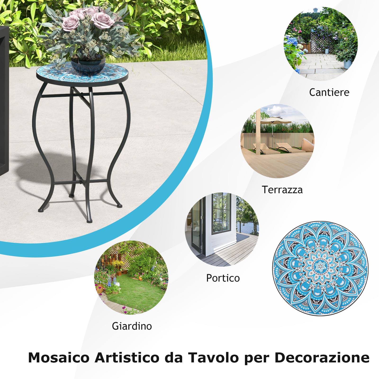 GYMAX Tavolino da Giardino Mosaico in Metallo, Tavolino da Esterno Rotondo, Sgabello per Fiori in Ceramica per Giardino, Balcone, Cortile e Bar, ∅35 x 54,5 cm