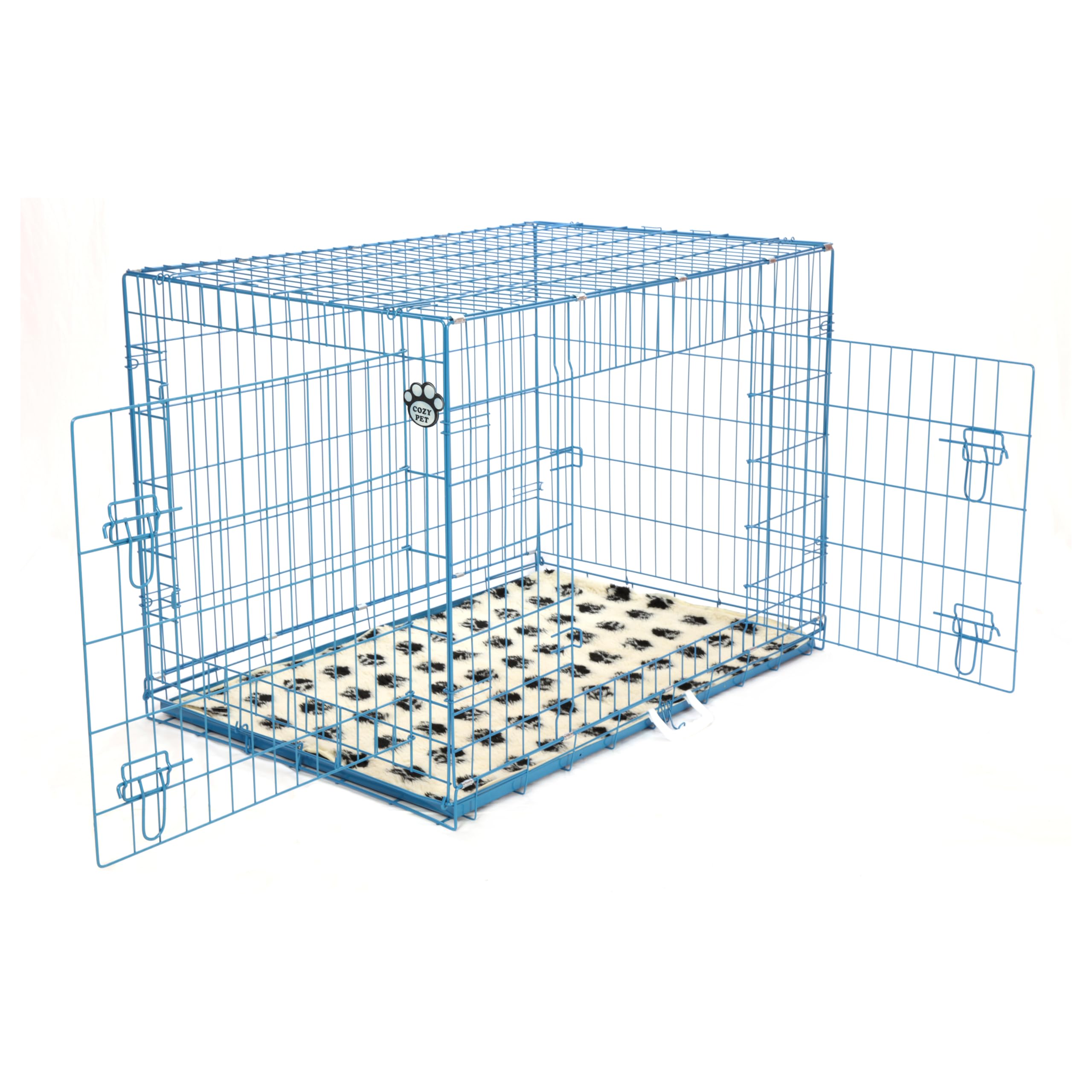 Cozy Pet Dog Cage 48 Inch 122cm Puppy Crate in Blue with Easy-to-Clean Removable ABS Tray 2 Lockable Doors and Vet Bed Model DCP48BL + VB48C