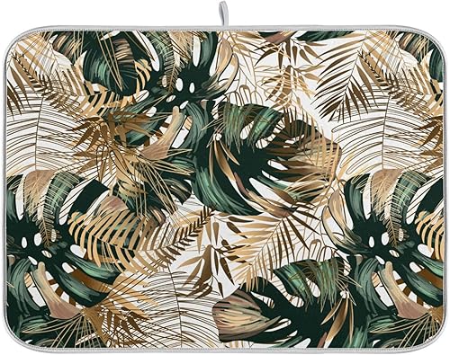 Golden Green Tropical Leaves Dish Drying Mat Kitchen Countertop Mat Dish Drying Matts Tapete Para Cocina 16'' x 18''