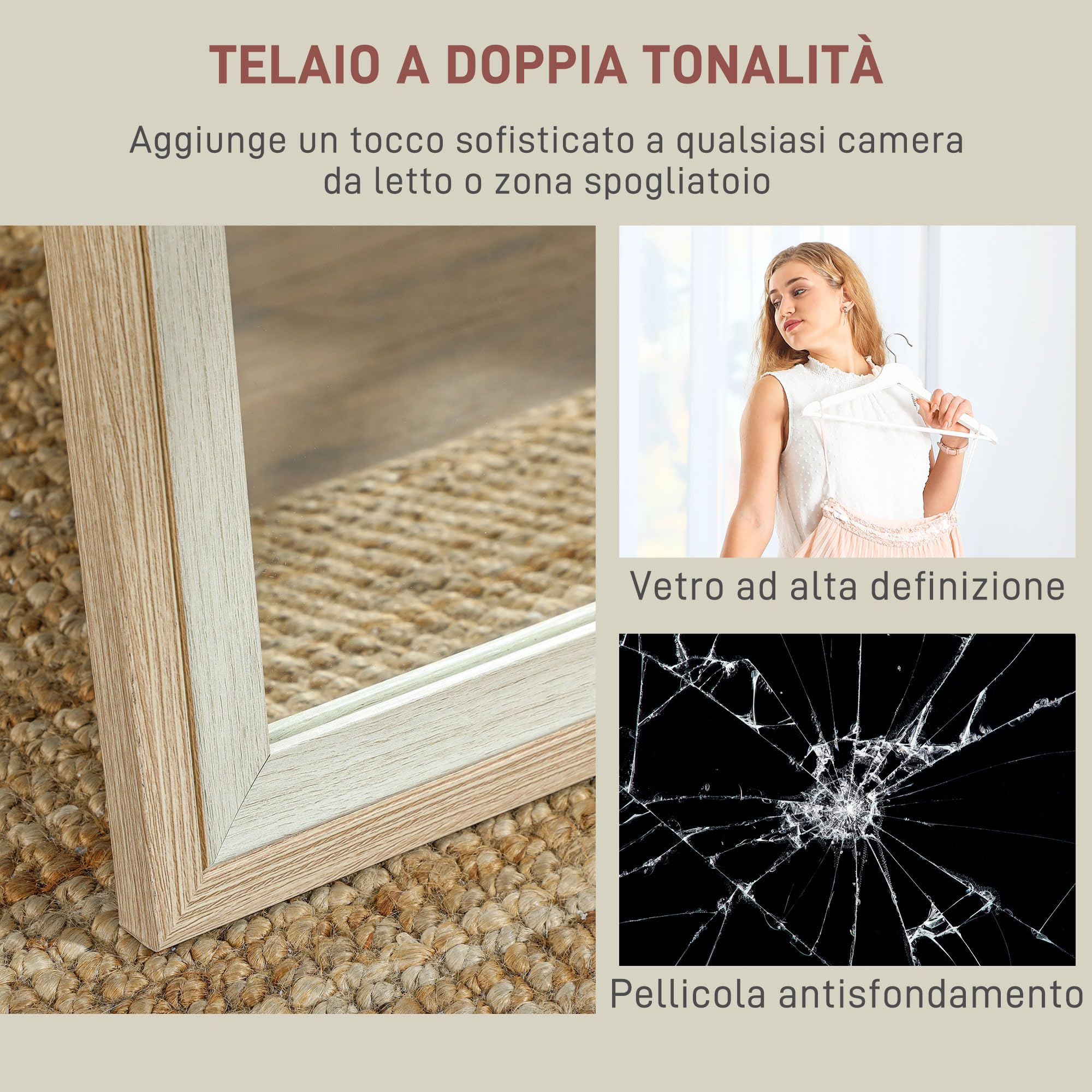 HOMCOM Specchio da Terra Moderno a Figura Intera, Specchio da Parete e Autoportante Bicolore per Camera da Letto e Ingresso, 37x157 cm, Bianco e Legno