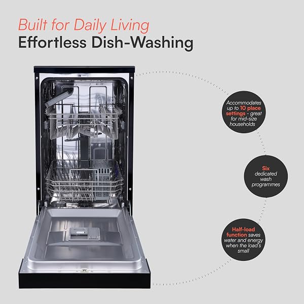 Cookology CFSD4510 Slimline Freestanding Dishwasher in Black - 45cm Width - Compact Design - 10 Place Settings - 6 Wash Cycles - LED Control Panel - 8 Hour Delay Timer - Ideal for Small Families - 3