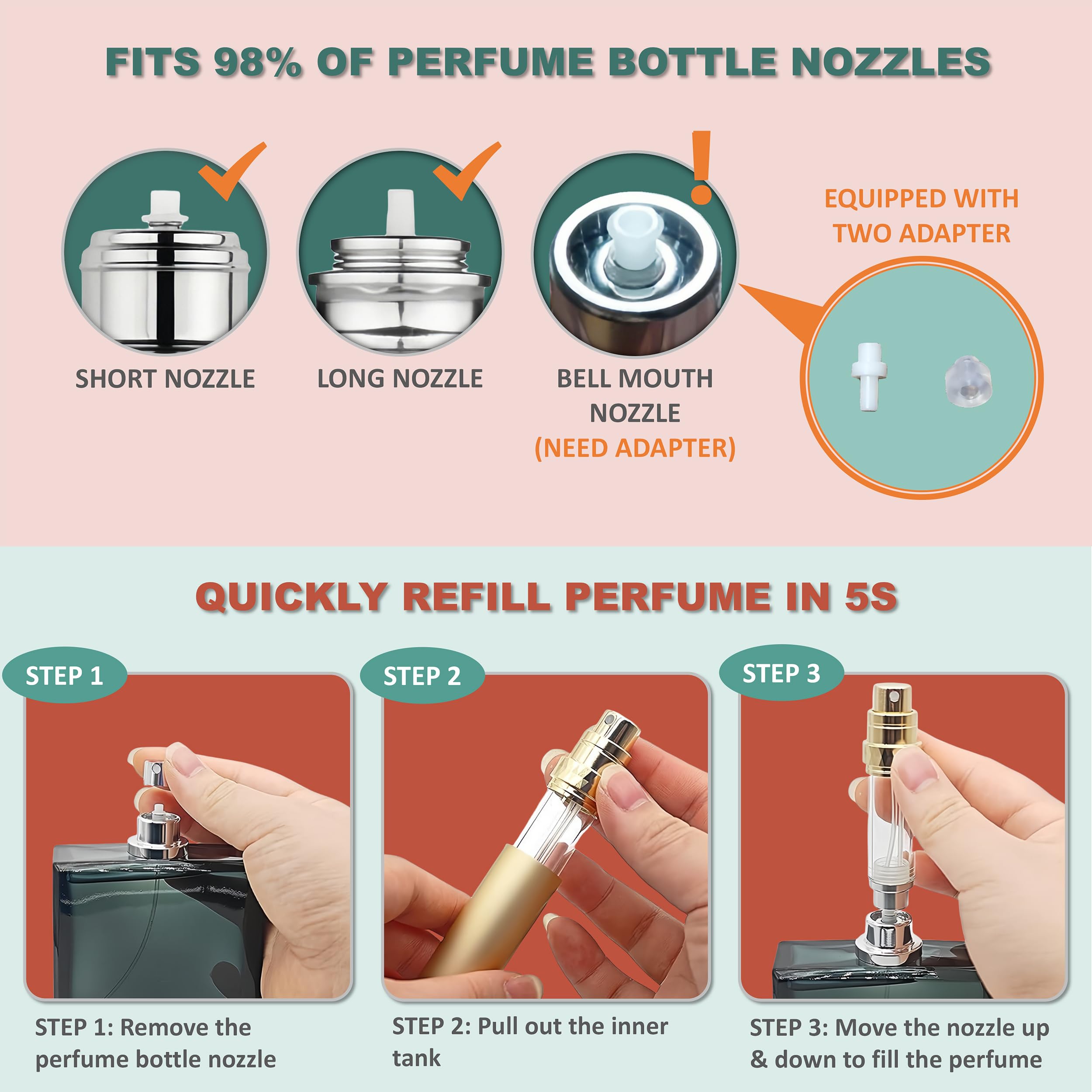 Perfumy podróżna butelka do wielokrotnego napełniania, przenośna butelka z rozpylaczem, pompa zapachowa, napełnij od dołu, mini kieszeń, rozmiar 5 ml, na podróż i wycieczkę, różowe złoto