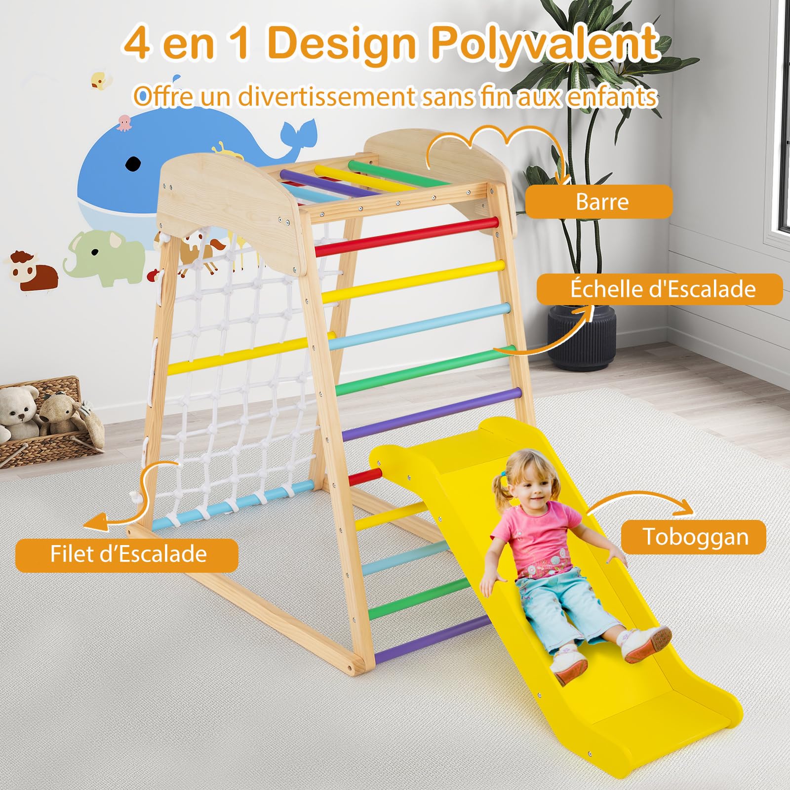 COSTWAY 4 en 1 Triangle d'escalade Montessori en Bois Enfants avec Toboggan, Aire de Jeu d’Escalade Intérieur avec Filet & Échelle d'escalade Montessori, Charge 50kg pour Bébé de 1 an+
