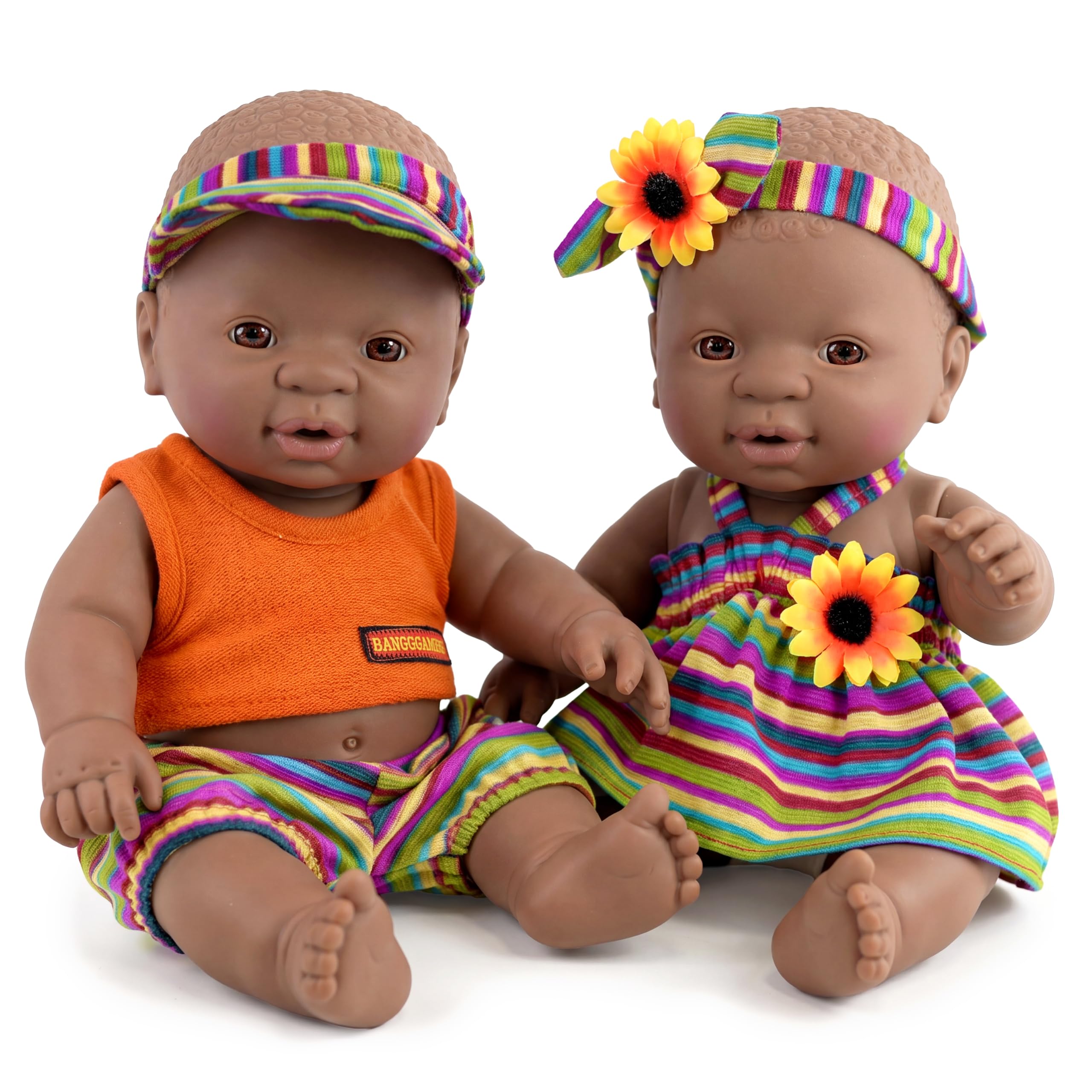 The Magic Toy Shop Bibi Doll - 12" Realistic Lifelike Vinyl Black Dark Skin Twin Dolls Ethnic African Style Baby Doll, Anatomically Correct