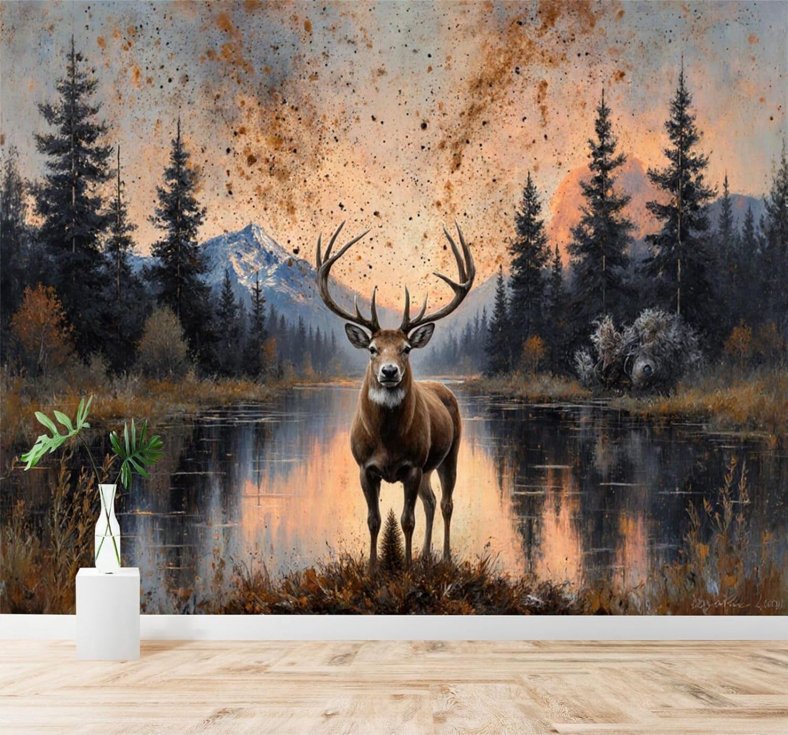 XLMING Mountains Lakes Sunset Deer Pine Forest 3D Wallpaper Silky Texture Home Study Office Grey Dining Room Sofa Bedroom Living Room TV Backdrop-250cm×170cm