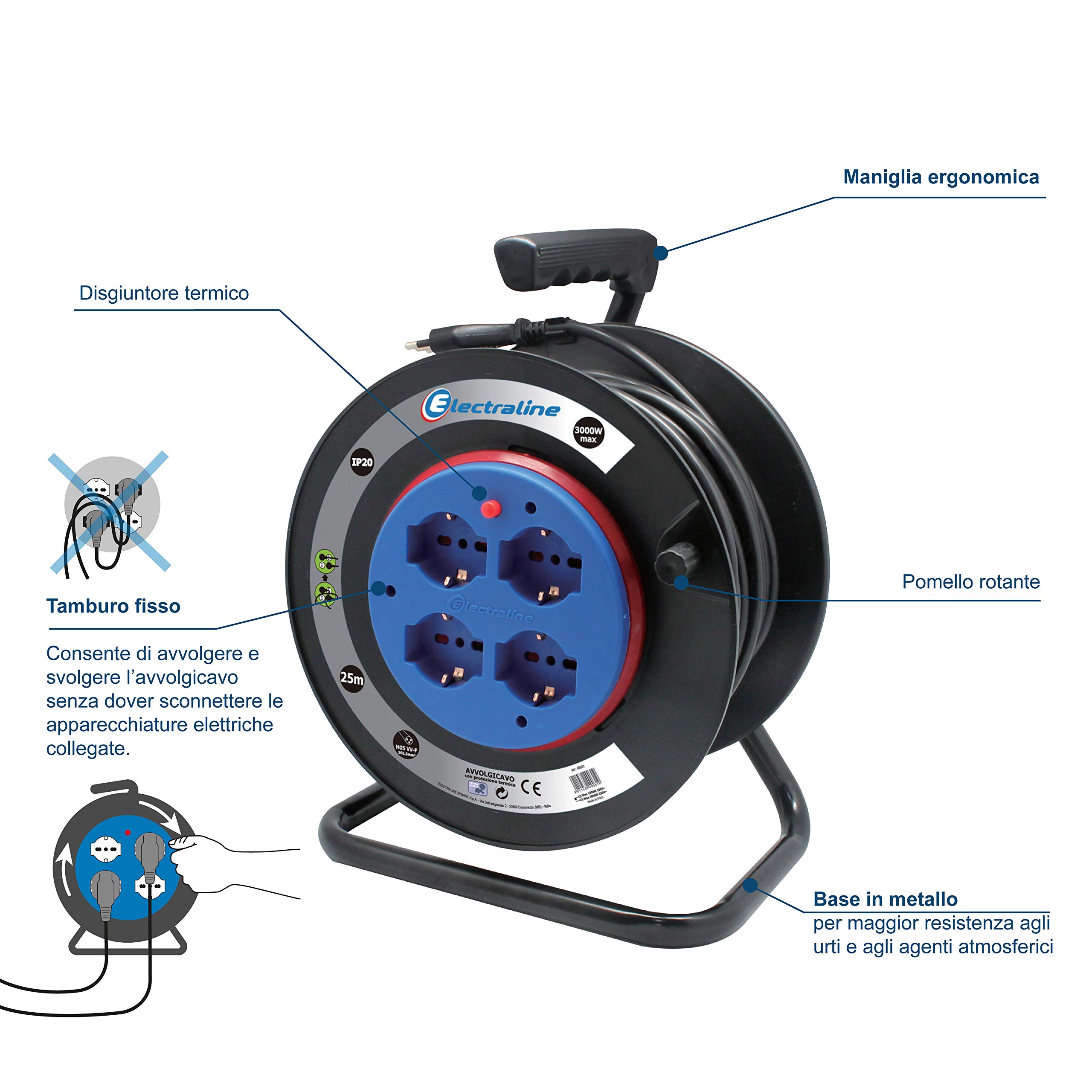 Electraline 49031 Avvolgicavo a Tamburo Fisso con 25mt, Nero/Blu, 25 mt