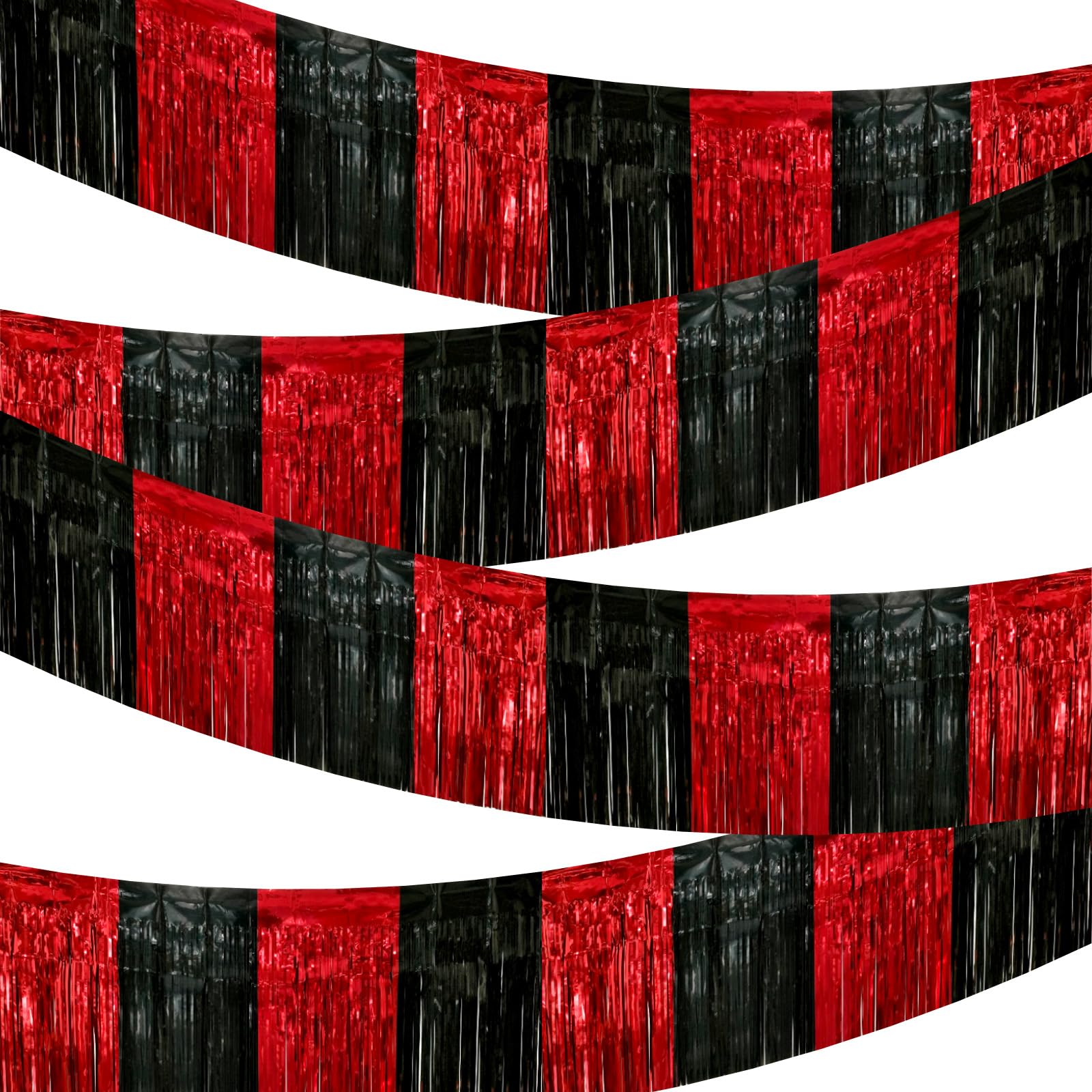 4 Packs 118 x 11.8 in Black Red Parade Floats Foil Fringe Garland for Trailer Car Graduation Party Decorations Hanging Banner Table Skirts Metallic Tinsel Streamers Curtains Birthday Party Backdrop — image 1