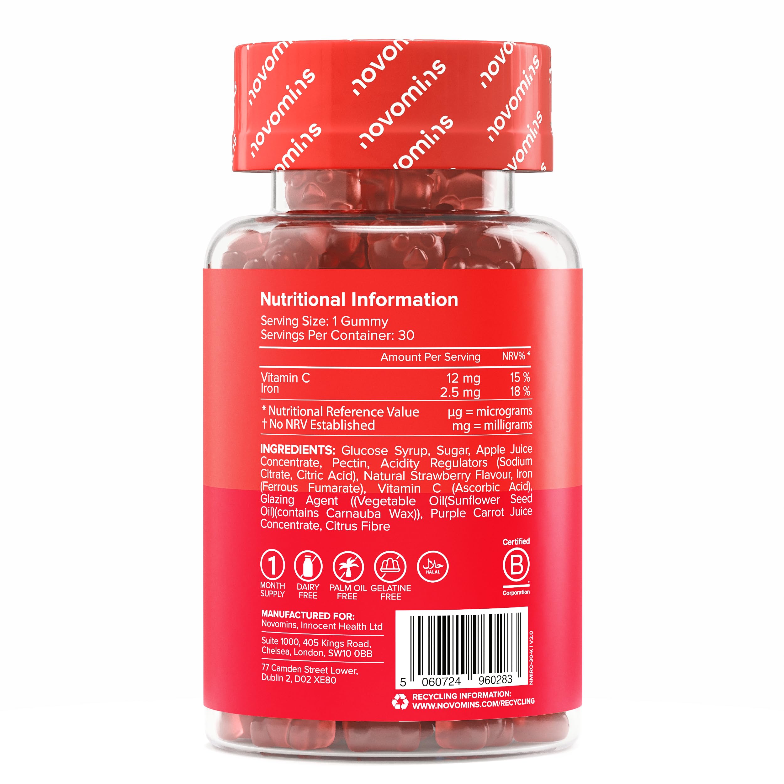 Ferro Bambini Gommose – Ferro + Vitamina C per l'Assorbimento – Energia, Globuli Rossi e Difese – Vegano, Senza Glutine – 30 Gommose Gusto Fragola – Novomins