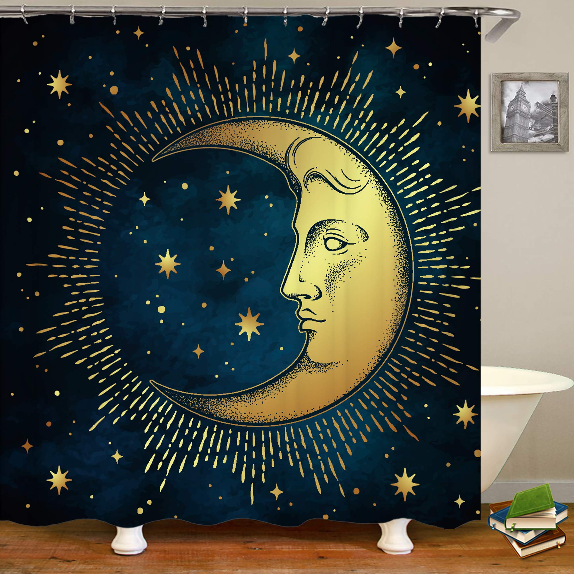 SARA NELLMoon and Stars Shower Curtain Moon and Stars in Antique Style Bathroom Accessories Watercolor 72" X 72" Bathroom Decor with Hooks