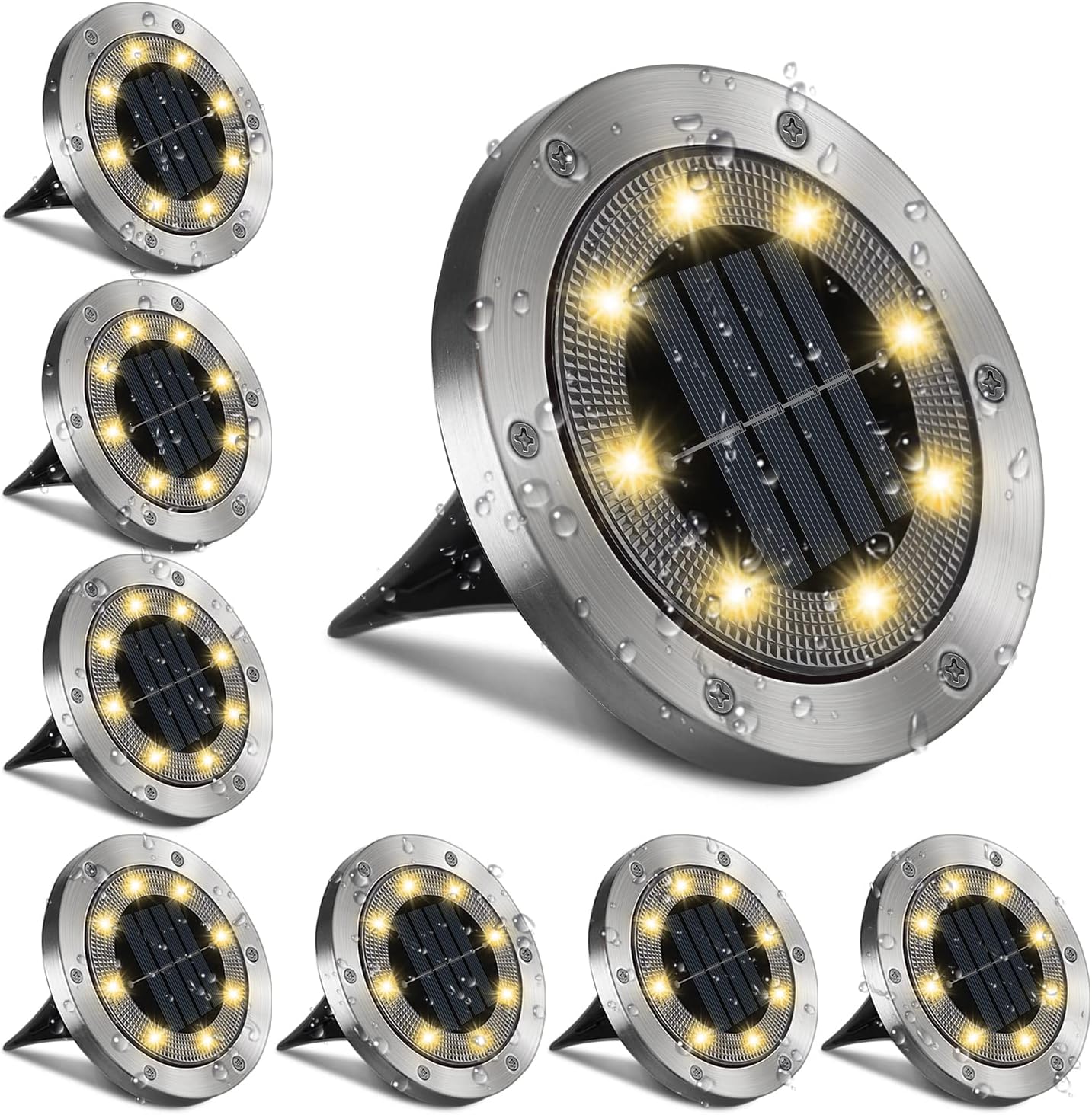 Opard Solar Ground Lights, 8 LED IP65 Waterproof Bright White Solar Decking Lights for Outdoor Garden, Pathway, Patio,Lawn (8 Pack) (Warm White)