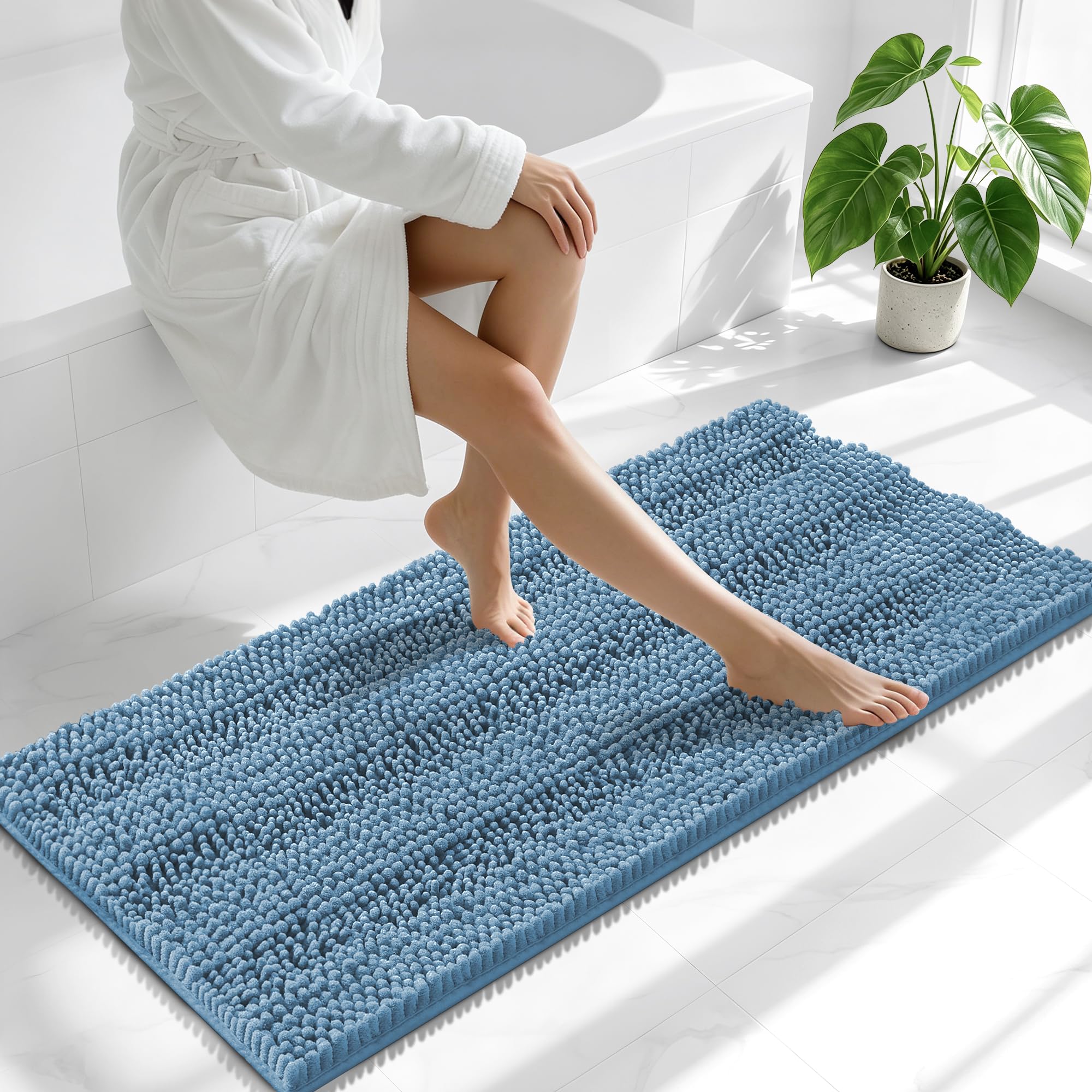 Smiry Thick Chenille Bathroom Runner Rugs 47x20, Soft Bath Mat, Airy Blue