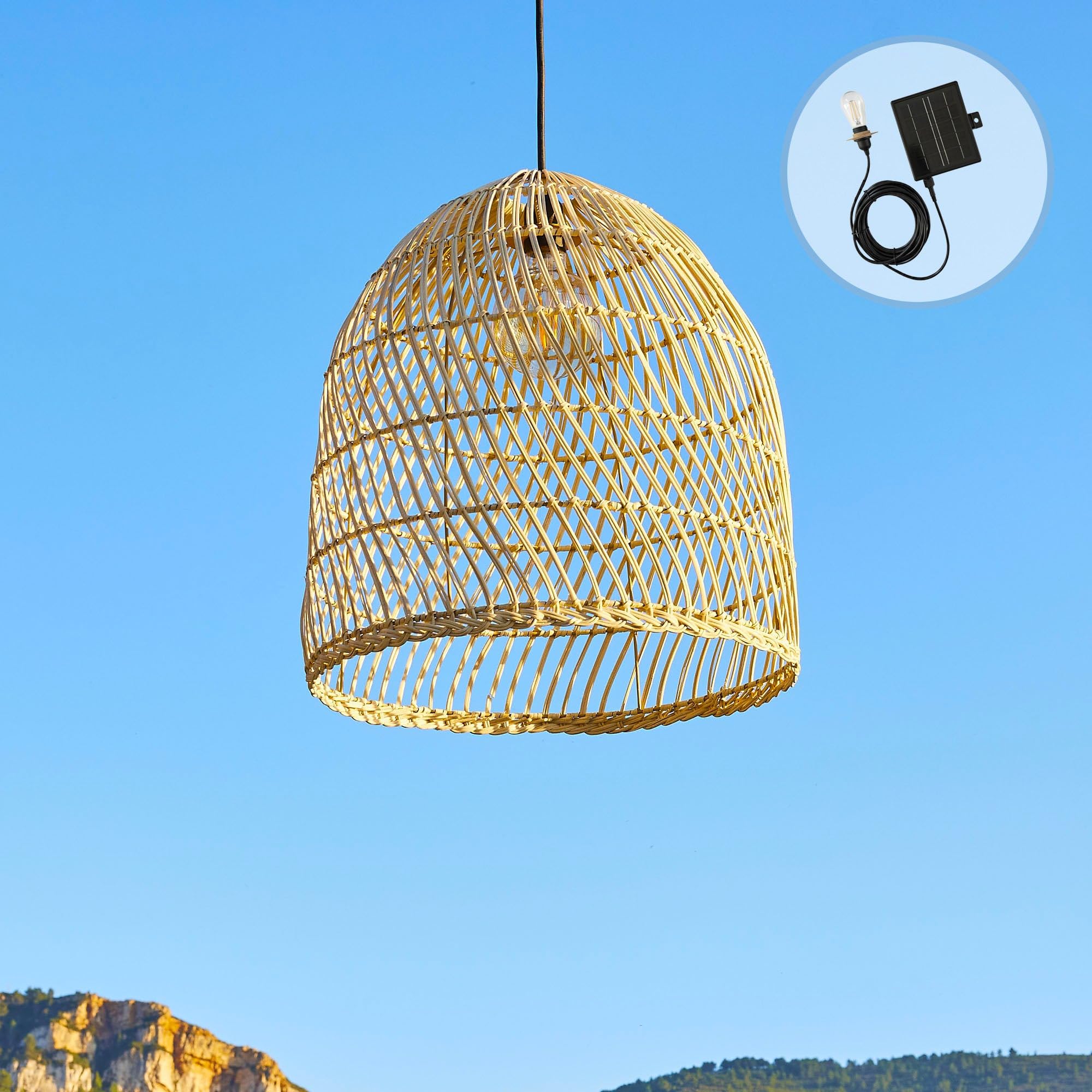 Lumisky Solar-Hängeleuchte PAULO SOLAR aus Natur-Rattan mit Hybridkabel, Netz- und Solarkabel, 5 m Länge