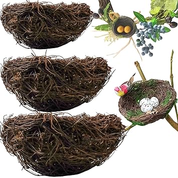 Oruuum 3 Pack Rattan Bird Nests, Natural Bird Nest Handmade Bird Nest Decor, Bird Nests for Crafts (4