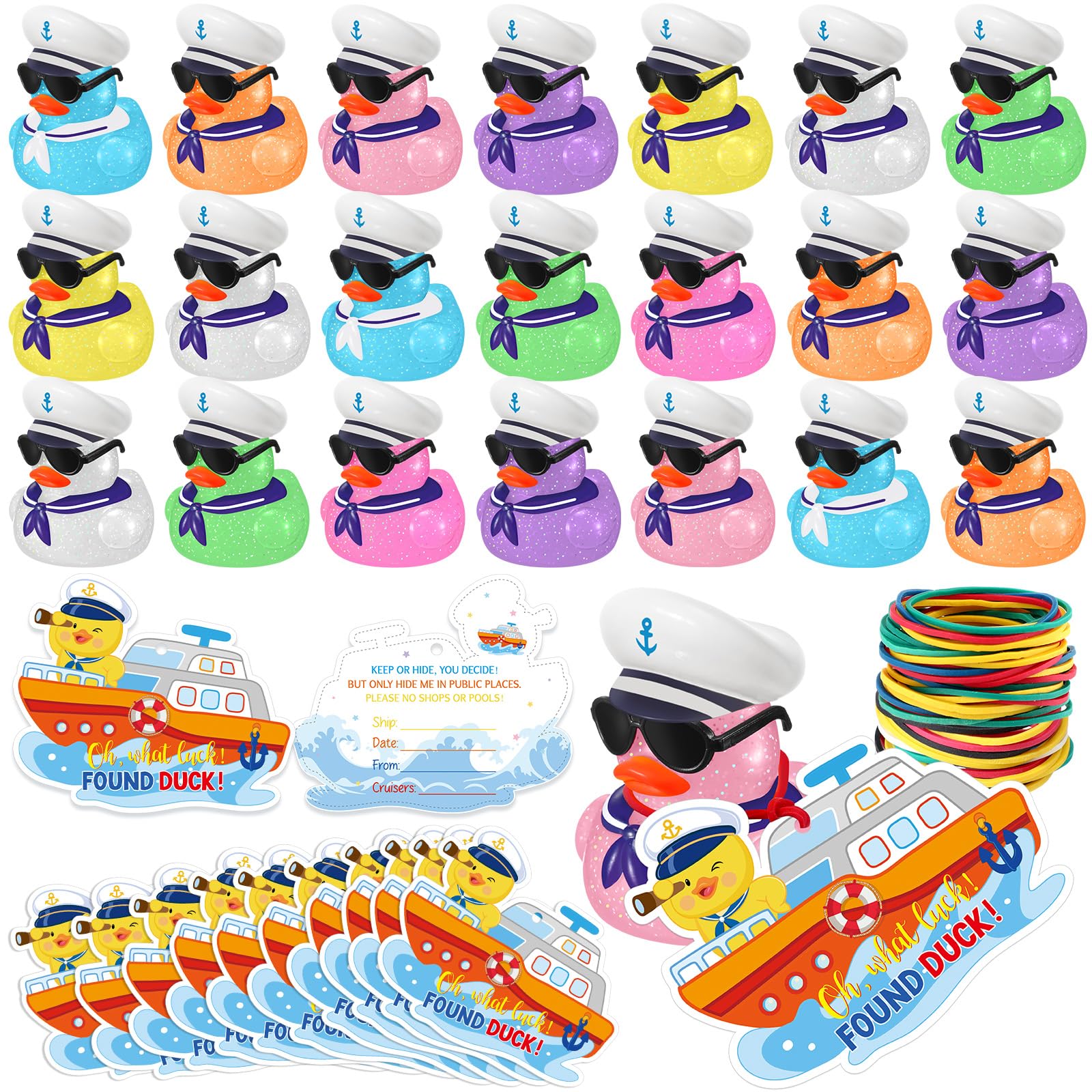 Halloscume 72 Pcs Duck Tag Cruise Kit Includes 24 Mini Cruise Glitter Rubber Ducks with Sunglasses Bulk 24 Duck Tags 24 Elastic Rubber Bands for Cruising Luggage Game Rewards(Ship)