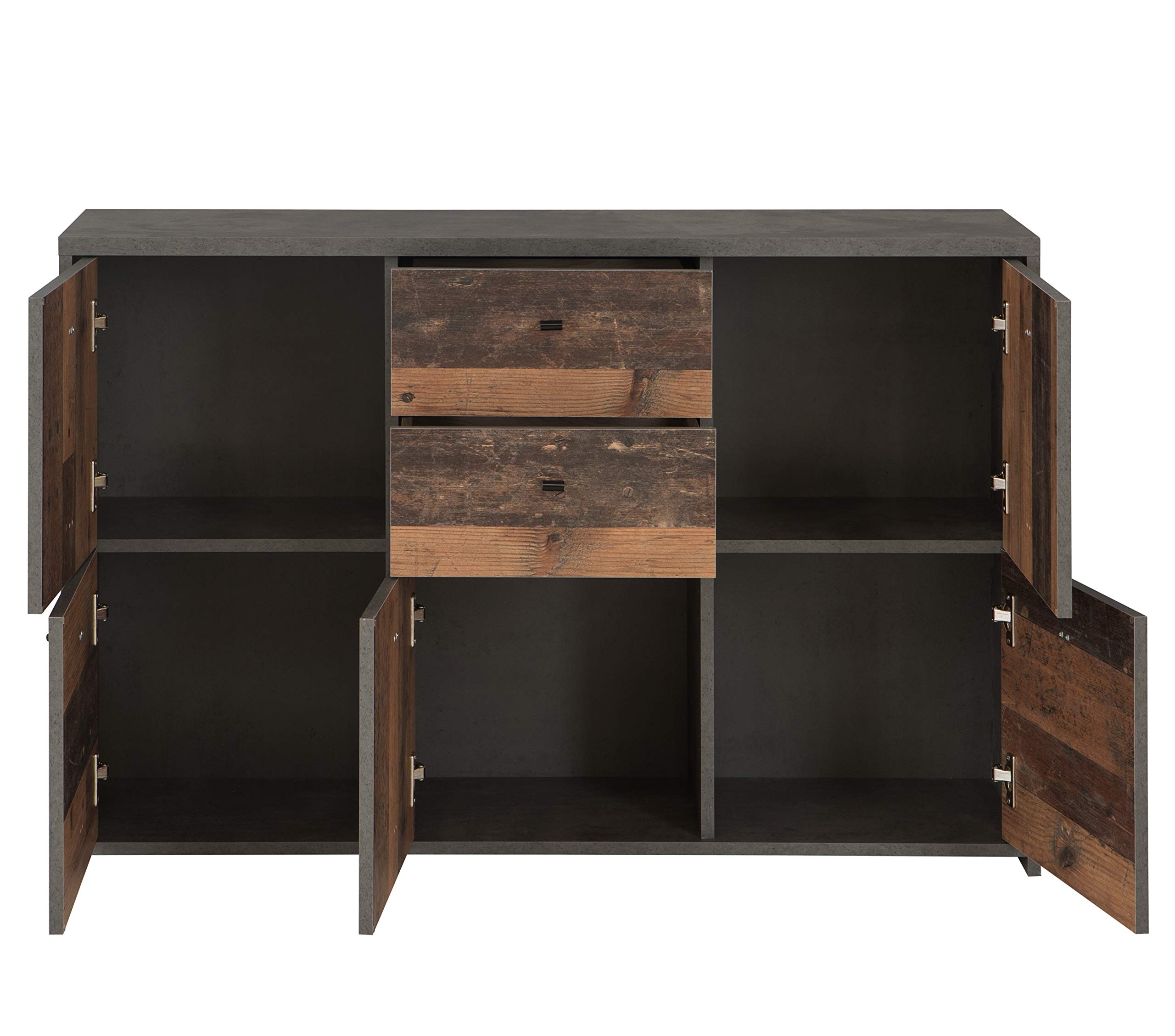 FORTE Best Chest Kommode mit 5 Türen und 2 Schubladen, Holzwerkstoff, Old-Wood Vintage kombiniert mit Betonoptik, 114,1 cm x 77,5 cm x 29,6 cm
