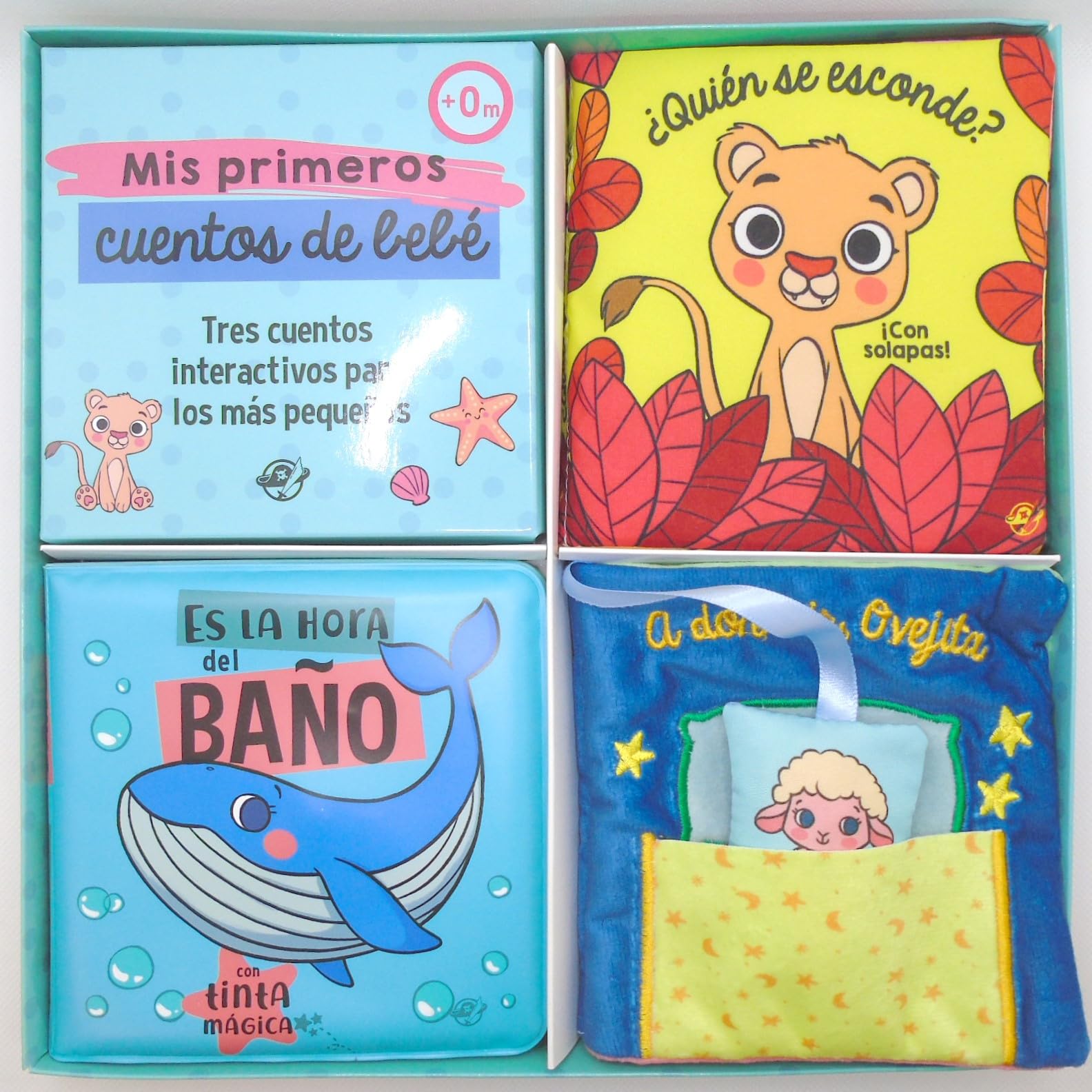 Mis primeros cuentos de bebé - Tres cuentos interactivos para los más pequeños: ¡Un libro de tela con solapas, un libro de tela con un juguete y un ... y un libro para el baño con tinta mágica!